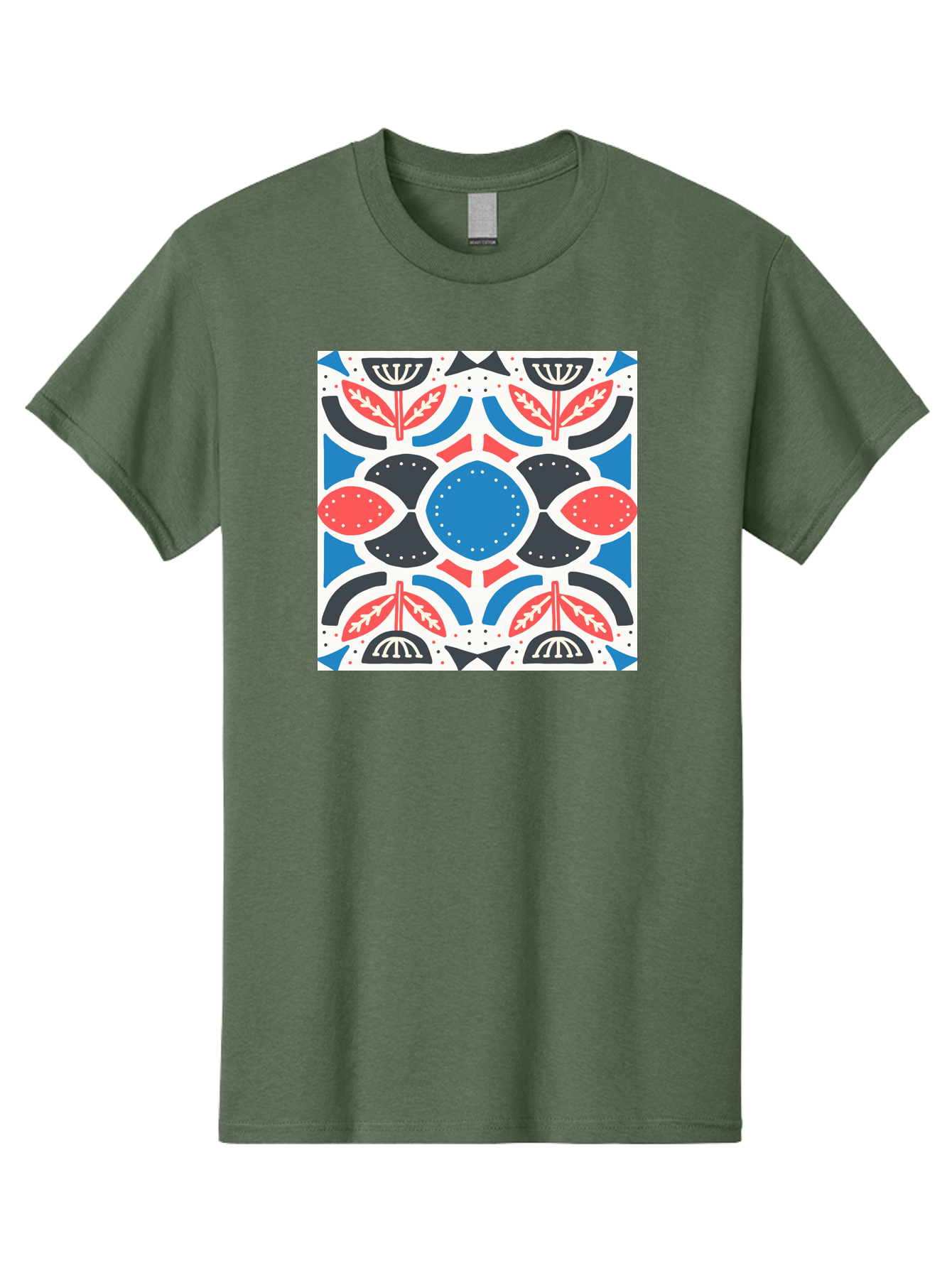 Floral-Pattern-7 Men'S Graphic Tee, 100% Cotton, Comfortable Casual Summer Wear, Machine Washable, Floral Pattern, Abstract Flowers, Geometric Shapes, Blue And Red Hues, White Background, Decorative Design, Symmetrical Composition, Aab717
