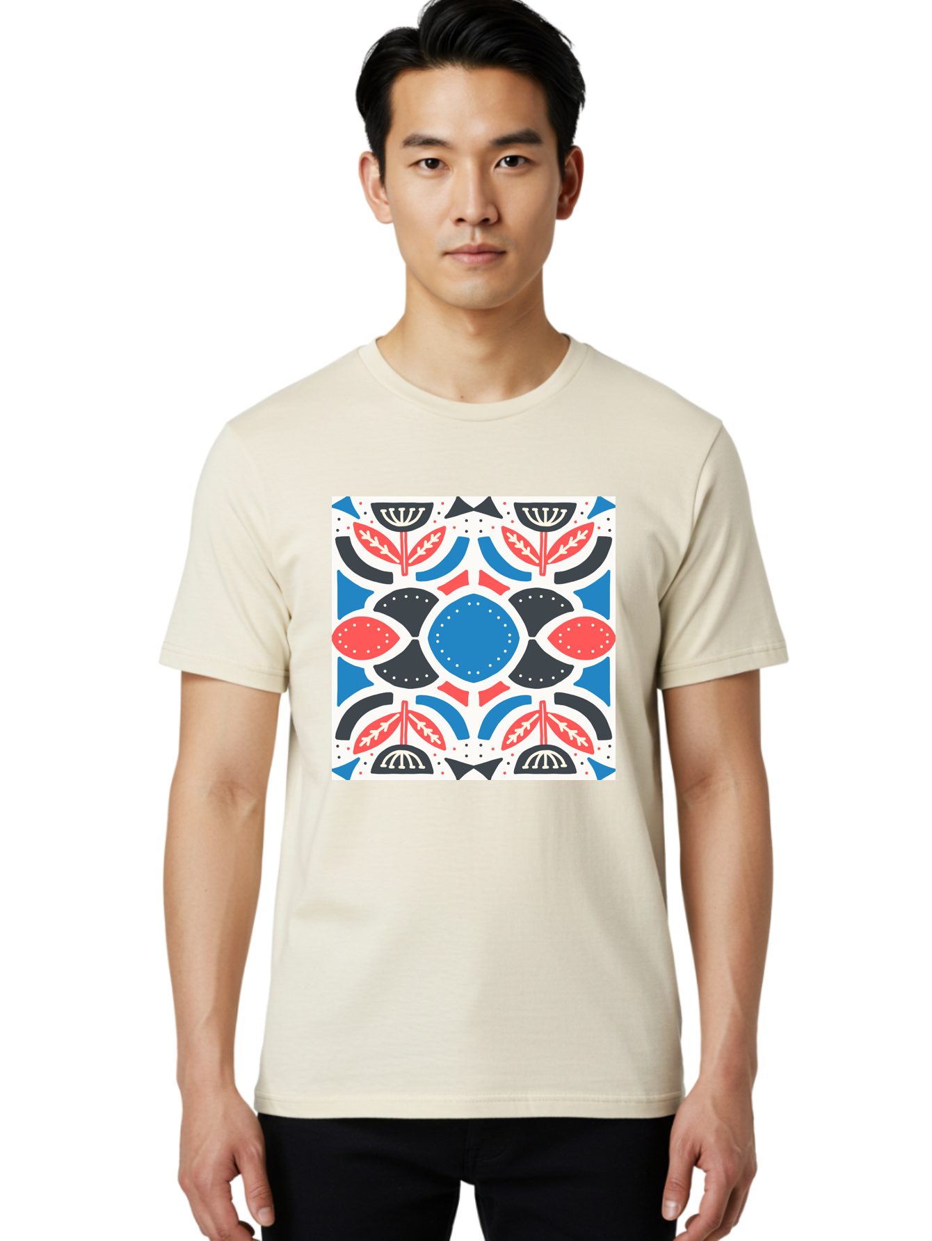 Floral-Pattern-7 Men'S Graphic Tee, 100% Cotton, Comfortable Casual Summer Wear, Machine Washable, Floral Pattern, Abstract Flowers, Geometric Shapes, Blue And Red Hues, White Background, Decorative Design, Symmetrical Composition, Aab717