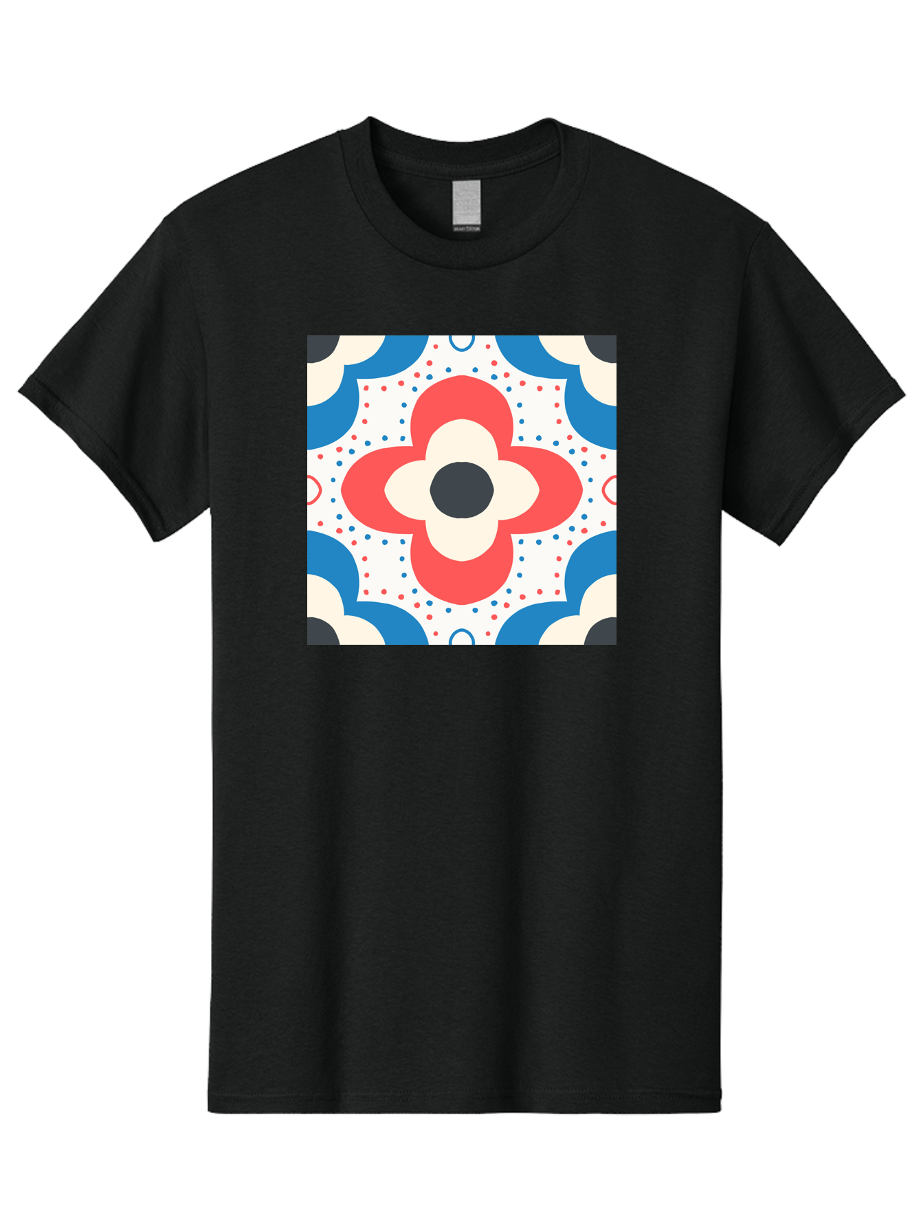 Floral-Pattern-8 Men'S Graphic Tee, 100% Cotton, Comfortable Casual Summer Wear, Machine Washable, Abstract Flower Pattern, Floral Design, Retro Style, Red And Blue Hues, White Background, Colorful Dots, Decorative Elements, Aab718