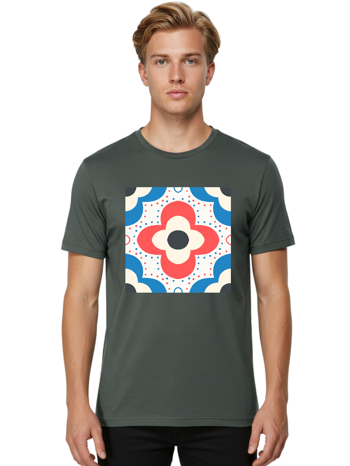 Floral-Pattern-8 Men'S Graphic Tee, 100% Cotton, Comfortable Casual Summer Wear, Machine Washable, Abstract Flower Pattern, Floral Design, Retro Style, Red And Blue Hues, White Background, Colorful Dots, Decorative Elements, Aab718