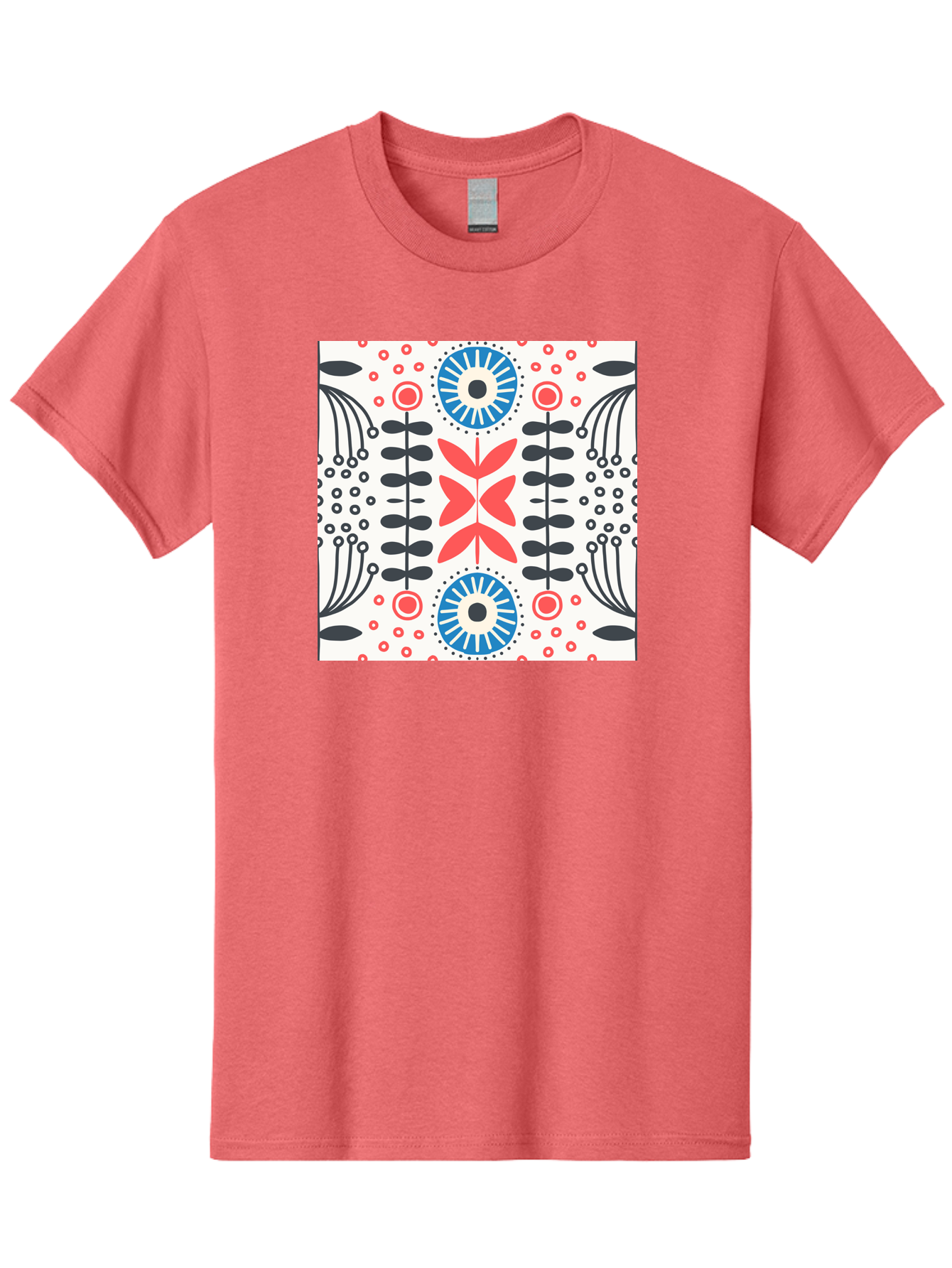 Floral-Pattern-9 Men'S Graphic Tee, 100% Cotton, Comfortable Casual Summer Wear, Machine Washable, Floral Pattern, Abstract Flowers, Geometric Shapes, Red And Blue Accents, Black Lines, White Background, Whimsical Design, Bohemian Style, Aab719