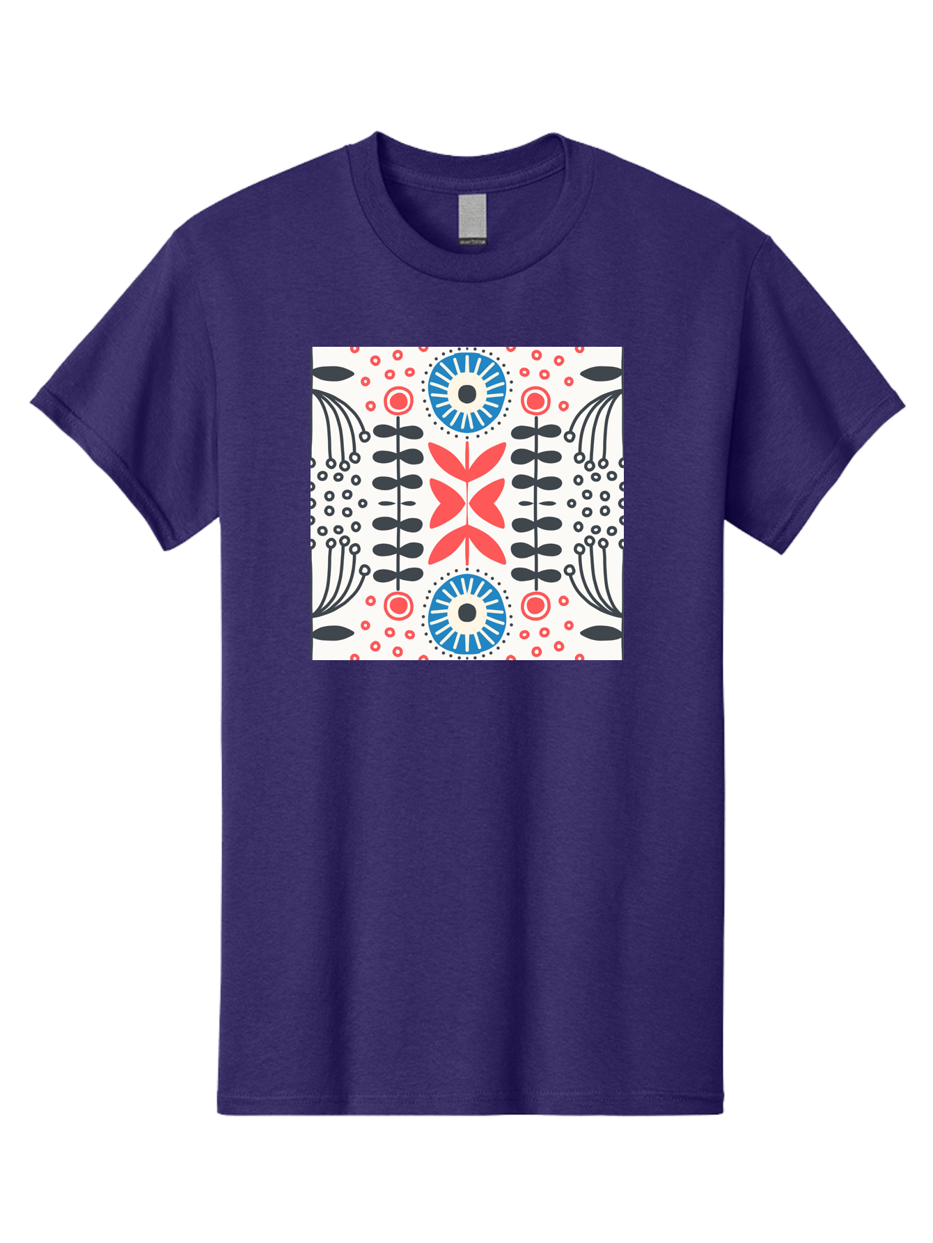 Floral-Pattern-9 Men'S Graphic Tee, 100% Cotton, Comfortable Casual Summer Wear, Machine Washable, Floral Pattern, Abstract Flowers, Geometric Shapes, Red And Blue Accents, Black Lines, White Background, Whimsical Design, Bohemian Style, Aab719