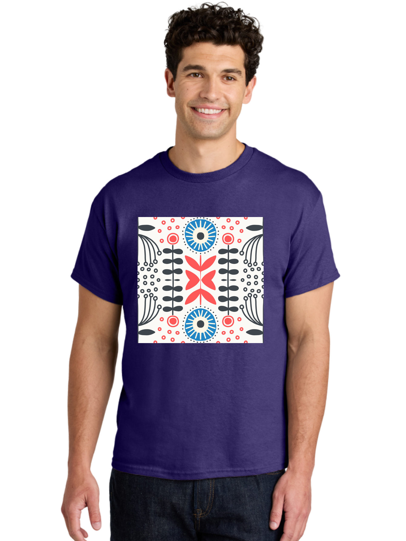 Floral-Pattern-9 Men'S Graphic Tee, 100% Cotton, Comfortable Casual Summer Wear, Machine Washable, Floral Pattern, Abstract Flowers, Geometric Shapes, Red And Blue Accents, Black Lines, White Background, Whimsical Design, Bohemian Style, Aab719