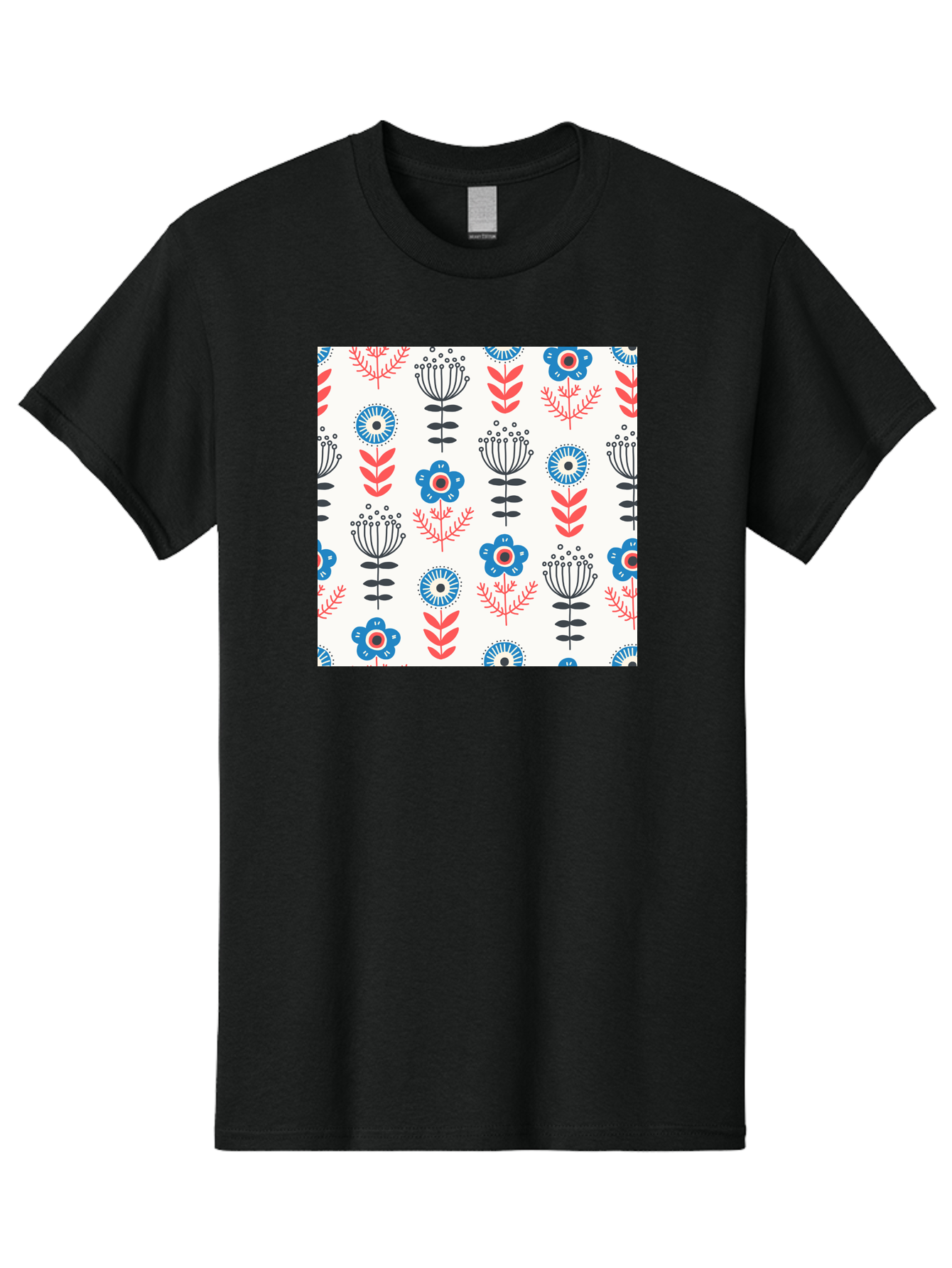 Floral-Pattern Men'S Graphic Tee, 100% Cotton, Comfortable Casual Summer Wear, Machine Washable, Floral Pattern, Blue Flowers, Red Leaves, Black Stems, Folk Art Style, Botanical Design, Vintage Inspiration, Abstract Flowers, Aab720