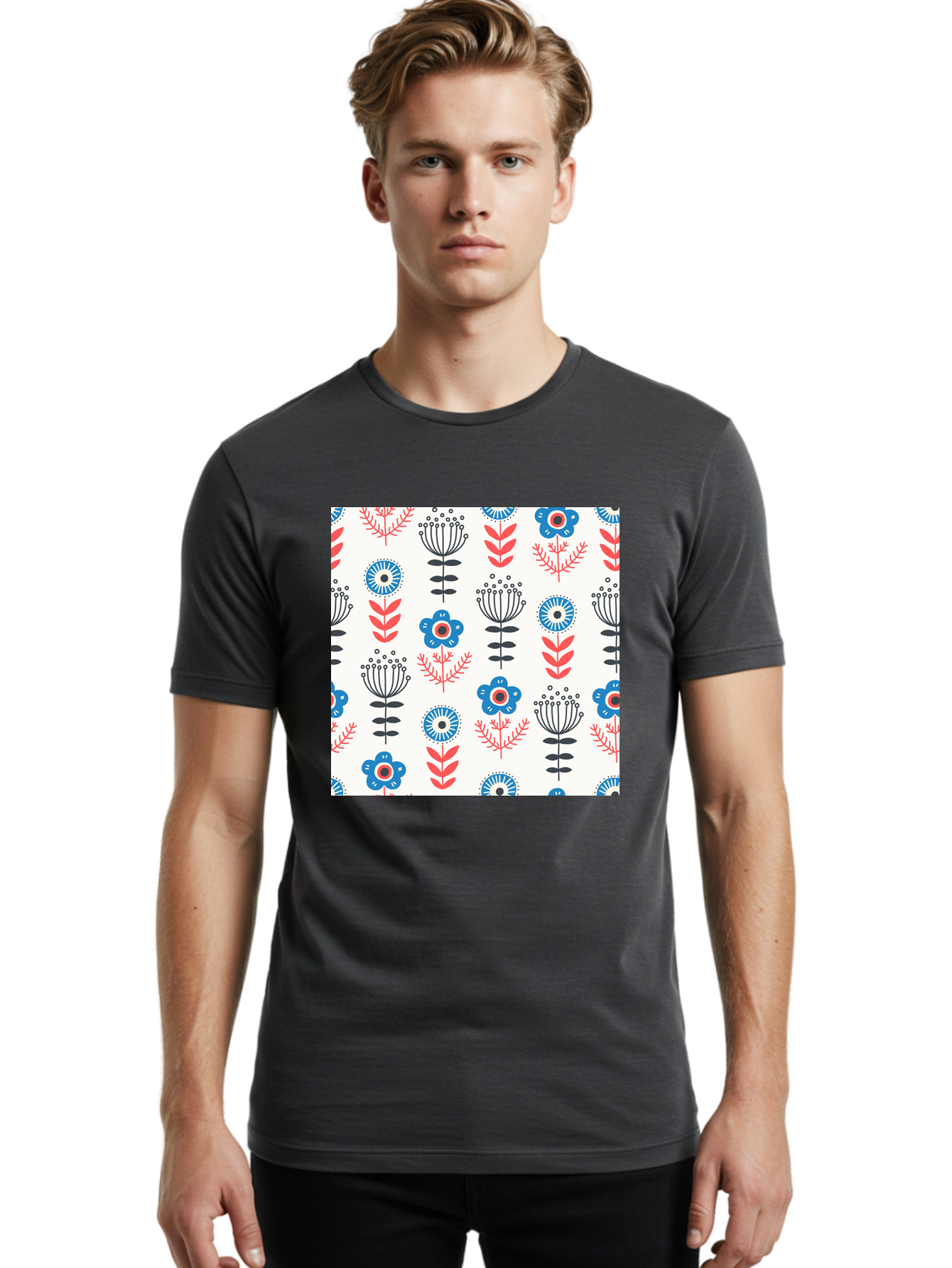 Floral-Pattern Men'S Graphic Tee, 100% Cotton, Comfortable Casual Summer Wear, Machine Washable, Floral Pattern, Blue Flowers, Red Leaves, Black Stems, Folk Art Style, Botanical Design, Vintage Inspiration, Abstract Flowers, Aab720