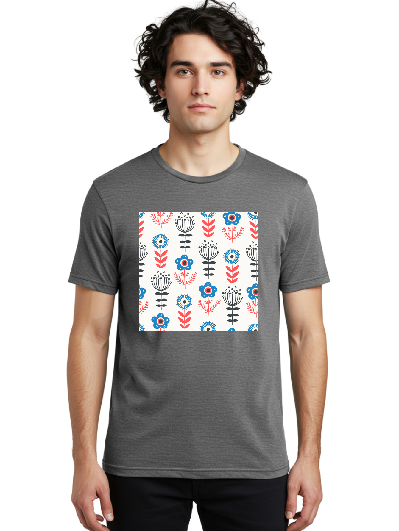 Floral-Pattern Men'S Graphic Tee, 100% Cotton, Comfortable Casual Summer Wear, Machine Washable, Floral Pattern, Blue Flowers, Red Leaves, Black Stems, Folk Art Style, Botanical Design, Vintage Inspiration, Abstract Flowers, Aab720