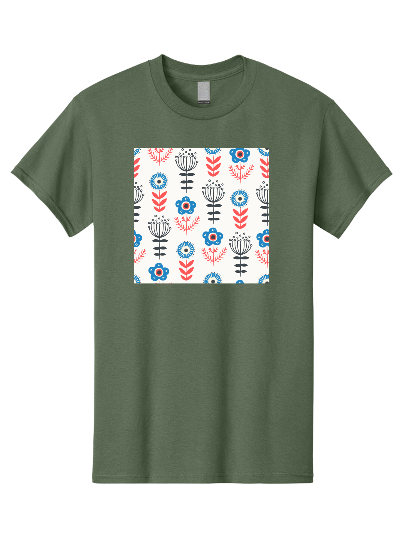 Floral-Pattern Men'S Graphic Tee, 100% Cotton, Comfortable Casual Summer Wear, Machine Washable, Floral Pattern, Blue Flowers, Red Leaves, Black Stems, Folk Art Style, Botanical Design, Vintage Inspiration, Abstract Flowers, Aab720