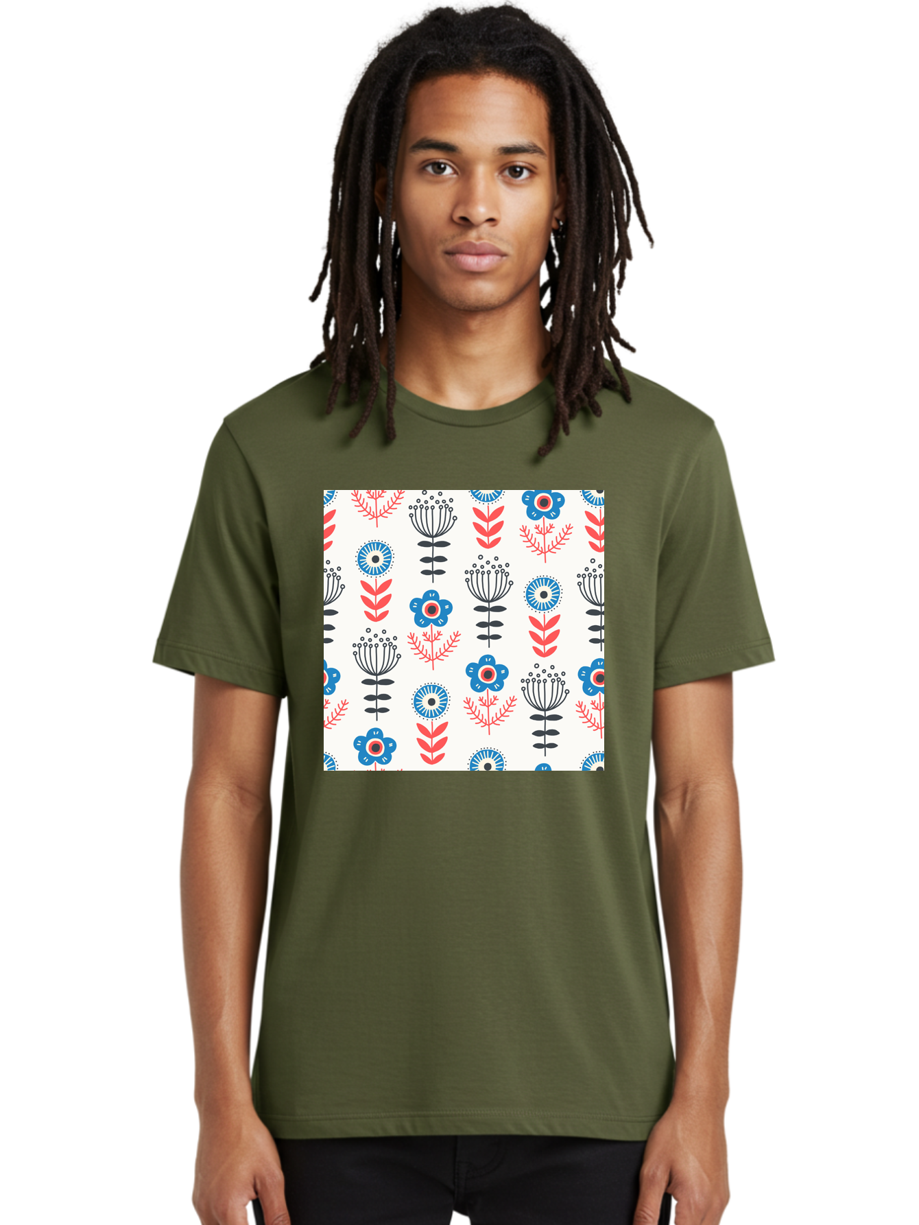 Floral-Pattern Men'S Graphic Tee, 100% Cotton, Comfortable Casual Summer Wear, Machine Washable, Floral Pattern, Blue Flowers, Red Leaves, Black Stems, Folk Art Style, Botanical Design, Vintage Inspiration, Abstract Flowers, Aab720