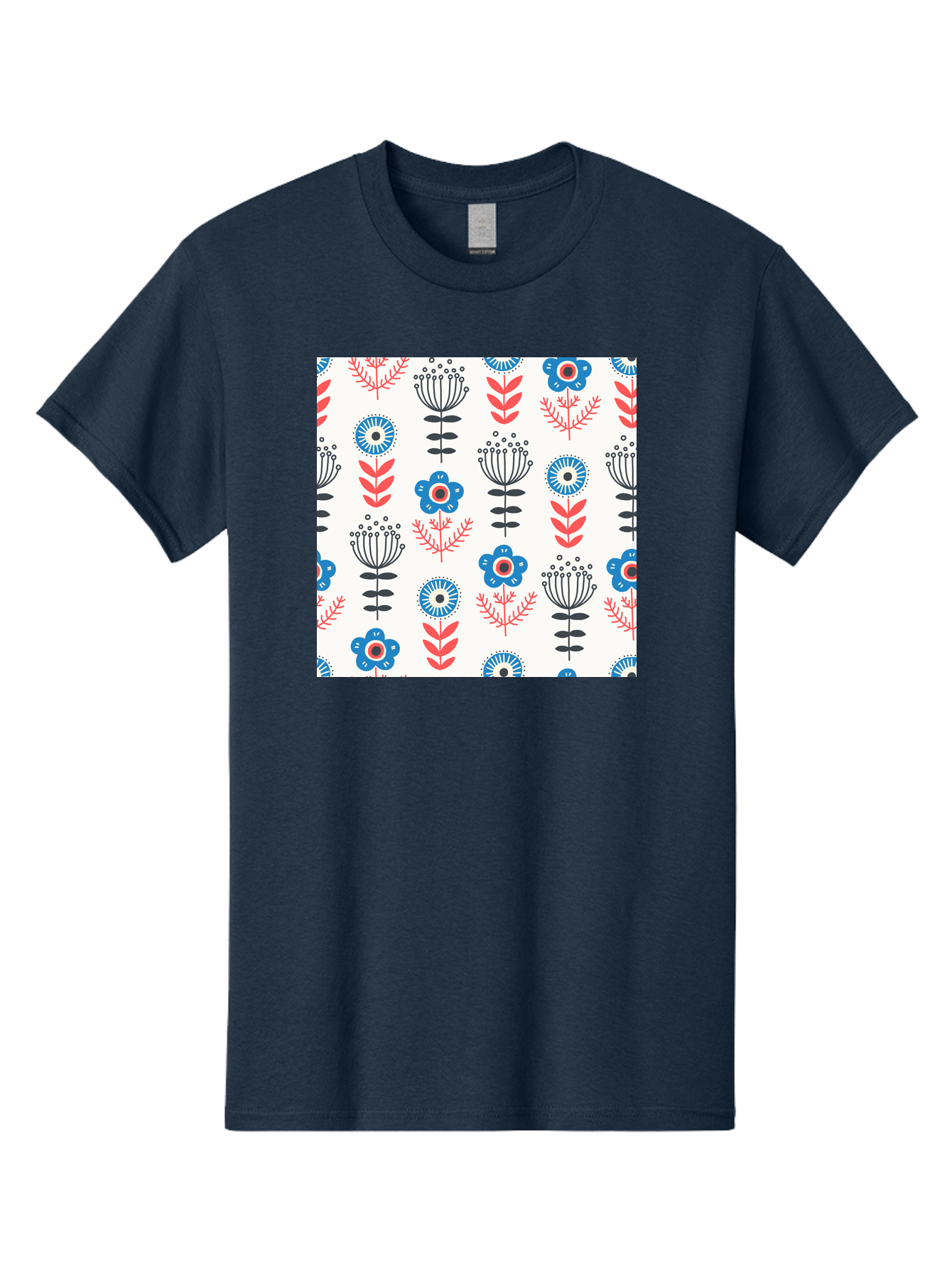 Floral-Pattern Men'S Graphic Tee, 100% Cotton, Comfortable Casual Summer Wear, Machine Washable, Floral Pattern, Blue Flowers, Red Leaves, Black Stems, Folk Art Style, Botanical Design, Vintage Inspiration, Abstract Flowers, Aab720