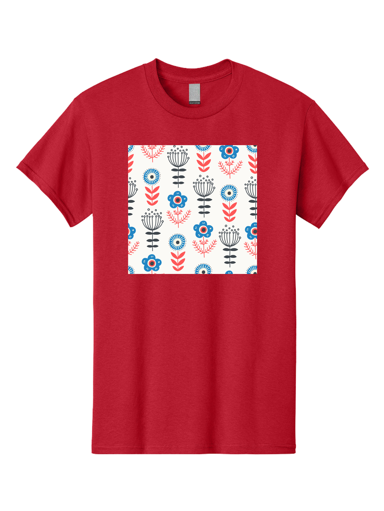 Floral-Pattern Men'S Graphic Tee, 100% Cotton, Comfortable Casual Summer Wear, Machine Washable, Floral Pattern, Blue Flowers, Red Leaves, Black Stems, Folk Art Style, Botanical Design, Vintage Inspiration, Abstract Flowers, Aab720