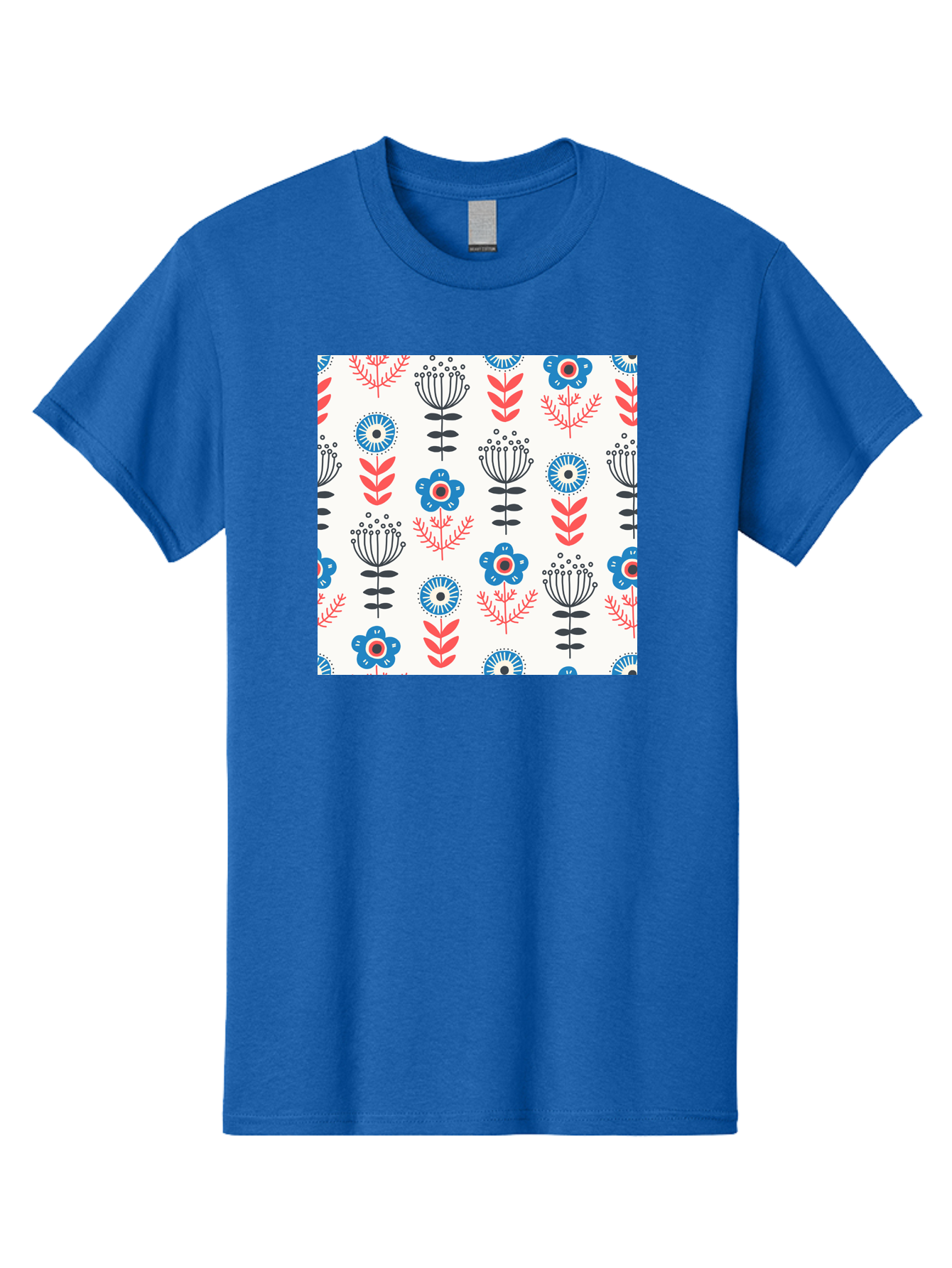 Floral-Pattern Men'S Graphic Tee, 100% Cotton, Comfortable Casual Summer Wear, Machine Washable, Floral Pattern, Blue Flowers, Red Leaves, Black Stems, Folk Art Style, Botanical Design, Vintage Inspiration, Abstract Flowers, Aab720