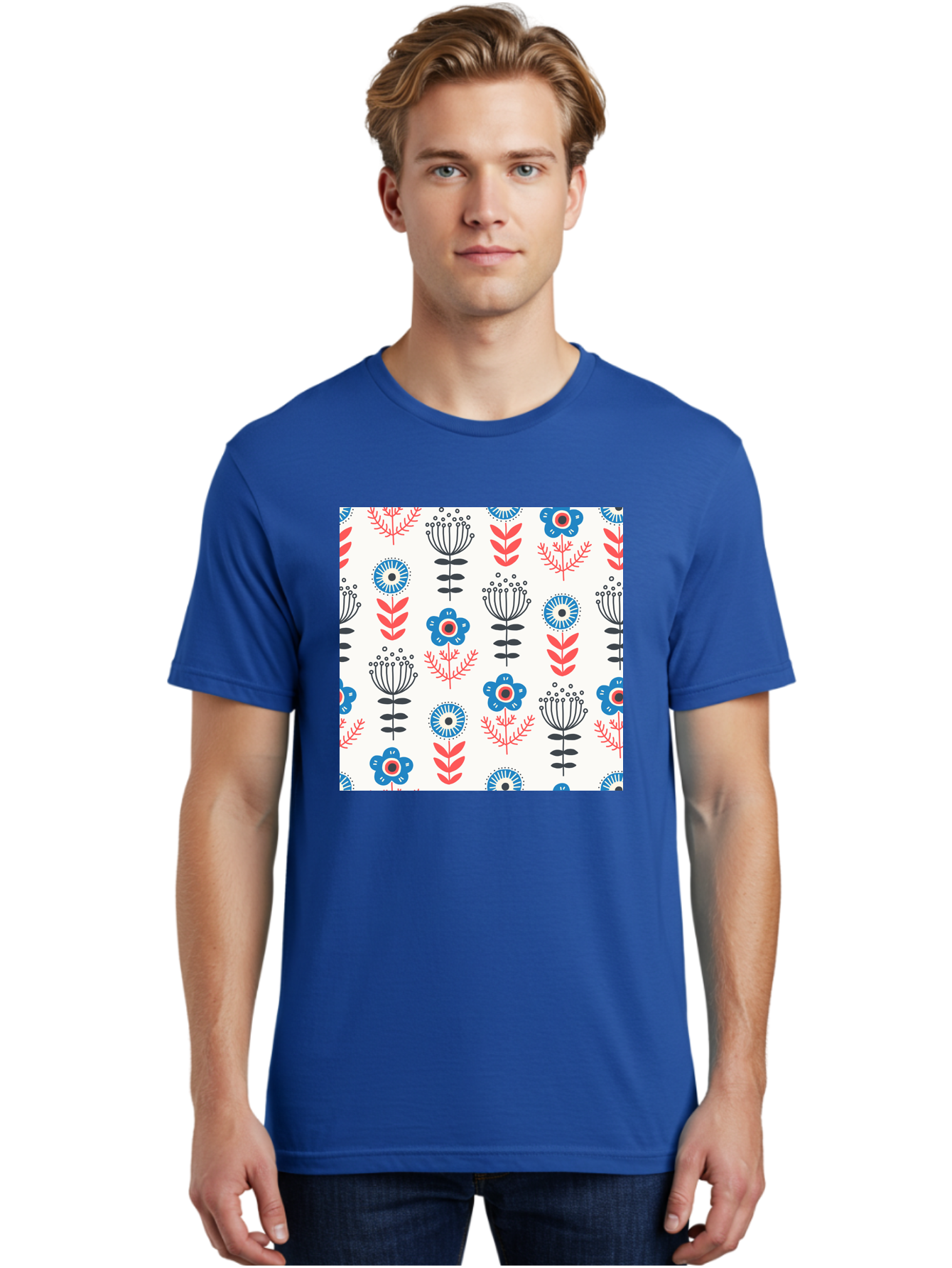 Floral-Pattern Men'S Graphic Tee, 100% Cotton, Comfortable Casual Summer Wear, Machine Washable, Floral Pattern, Blue Flowers, Red Leaves, Black Stems, Folk Art Style, Botanical Design, Vintage Inspiration, Abstract Flowers, Aab720