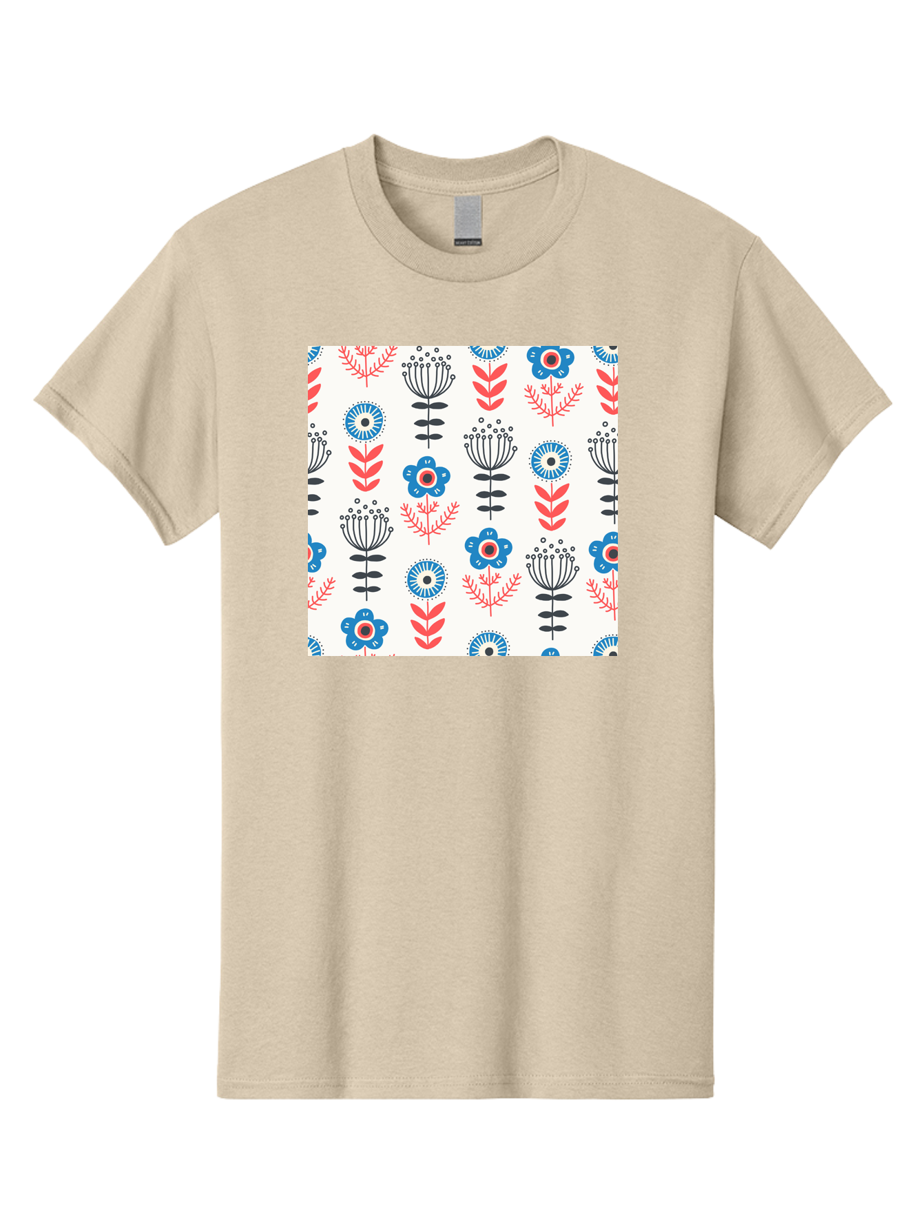 Floral-Pattern Men'S Graphic Tee, 100% Cotton, Comfortable Casual Summer Wear, Machine Washable, Floral Pattern, Blue Flowers, Red Leaves, Black Stems, Folk Art Style, Botanical Design, Vintage Inspiration, Abstract Flowers, Aab720