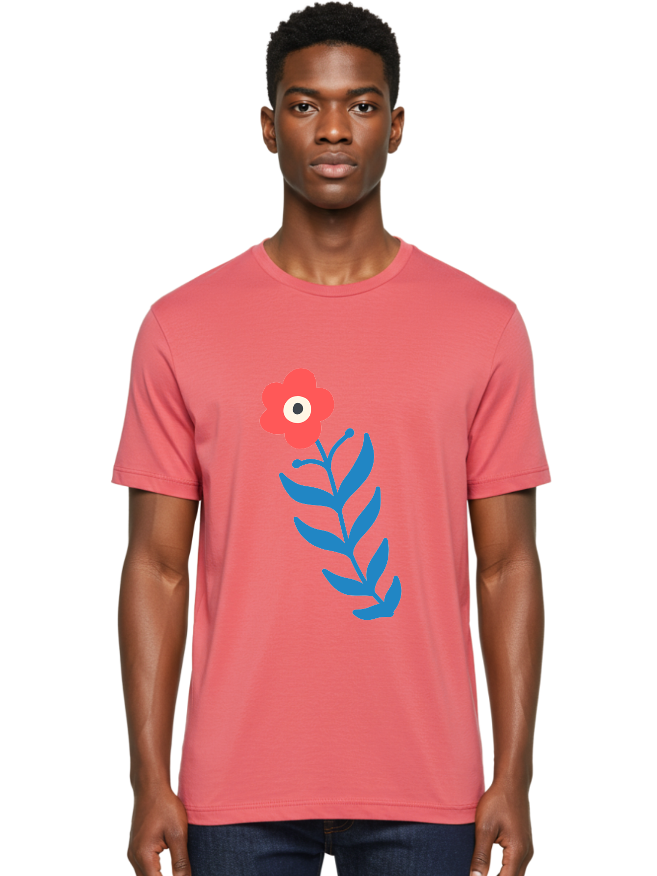 Flower-1 Men'S Graphic Tee, 100% Cotton, Comfortable Casual Summer Wear, Machine Washable, Pink Flower With Eye, Surreal Art, Abstract Design, Vibrant Petals, Blue Leaves, Minimalist Style, Quirky Illustration, Contemporary Artistry Aab721