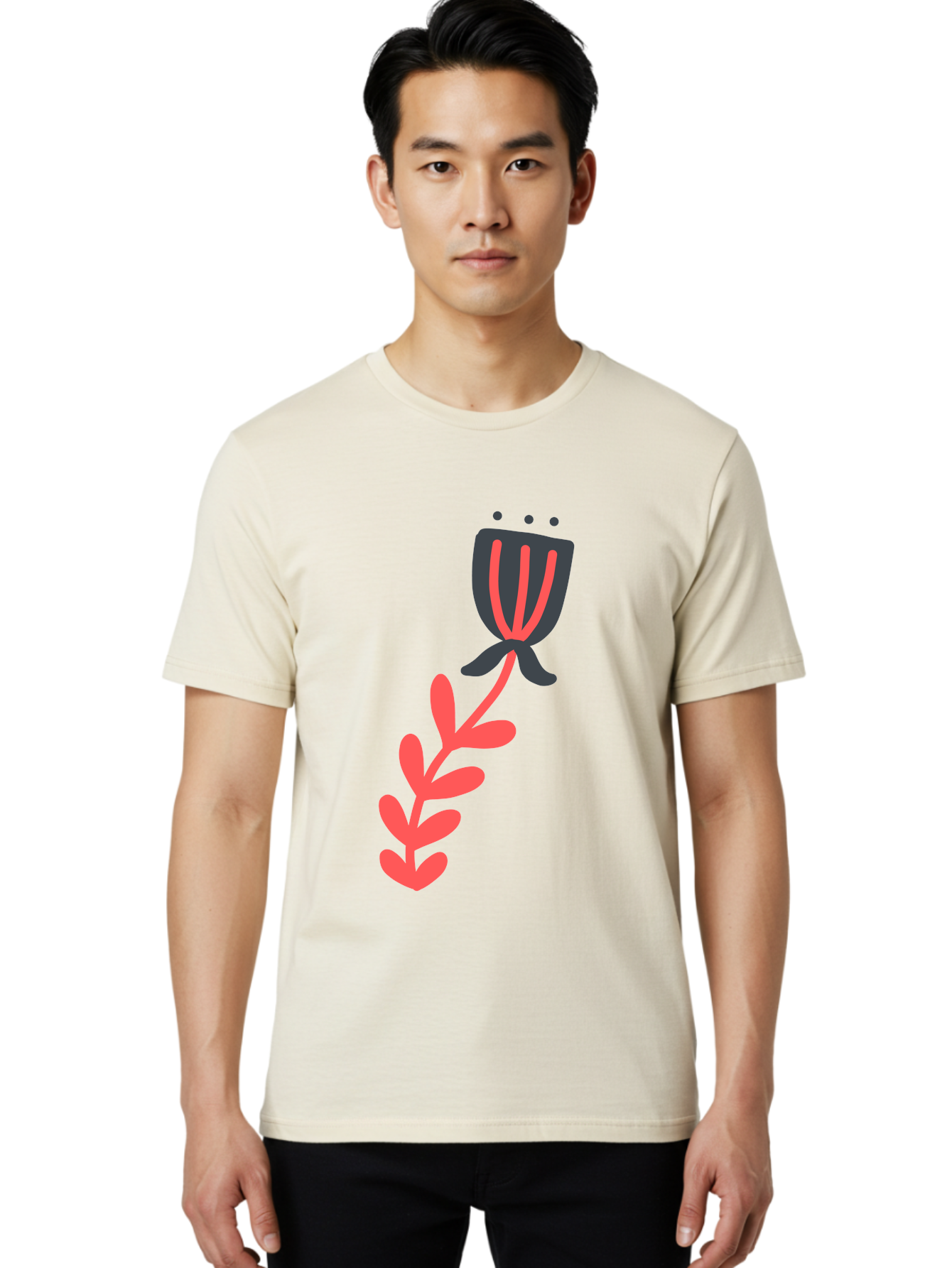 Flower-4 Men'S Graphic Tee, 100% Cotton, Comfortable Casual Summer Wear, Machine Washable, Stylized Tulip, Simple Design, Minimalist Art, Pink And Black, Floral Theme, Abstract Flower Aab724