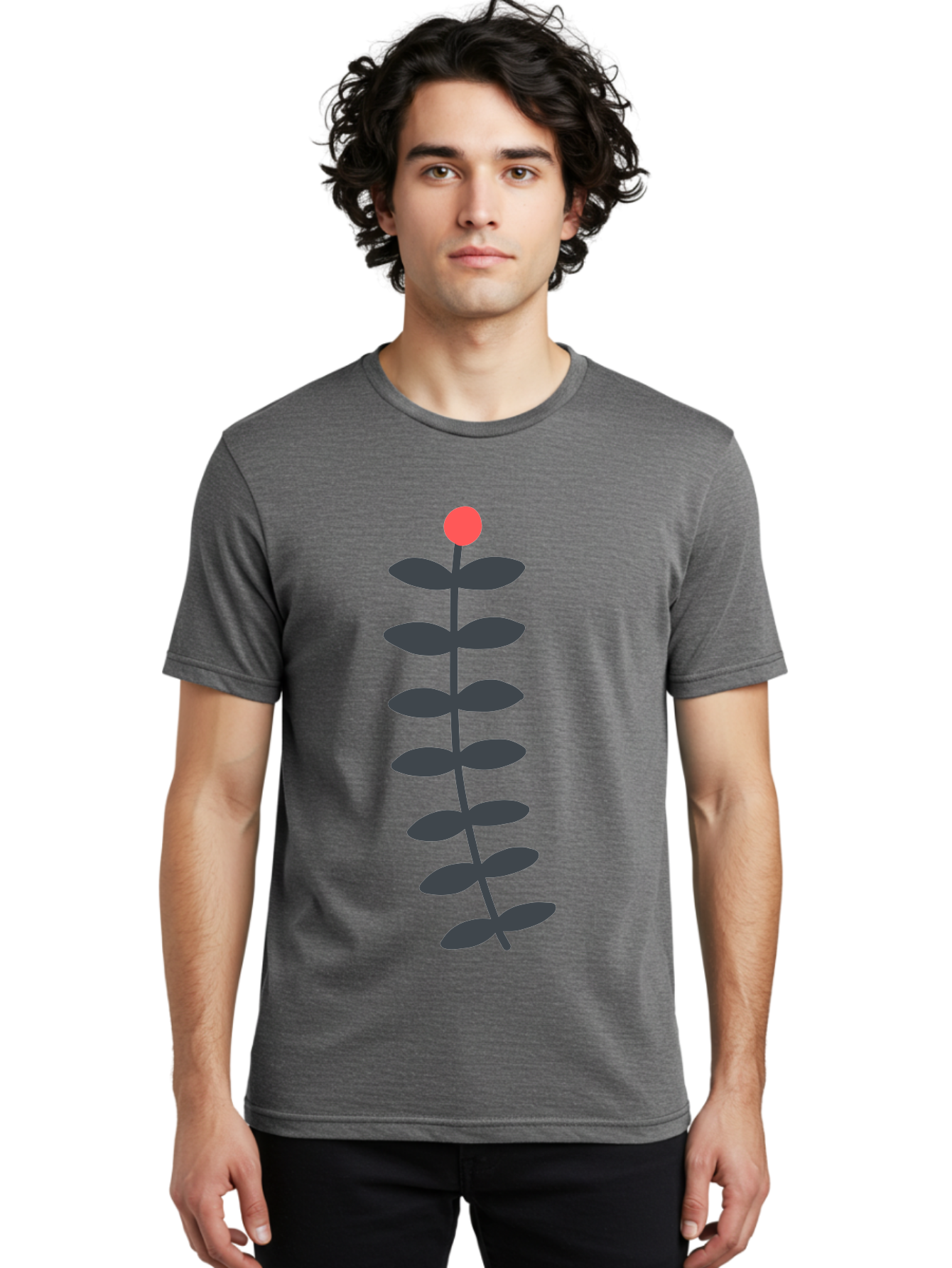 Flower-5 Men'S Graphic Tee, 100% Cotton, Comfortable Casual Summer Wear, Machine Washable, Simple Flower Illustration, Red Bloom, Dark Green Leaves, Minimalist Design, Botanical Art, Floral Graphic Aab725