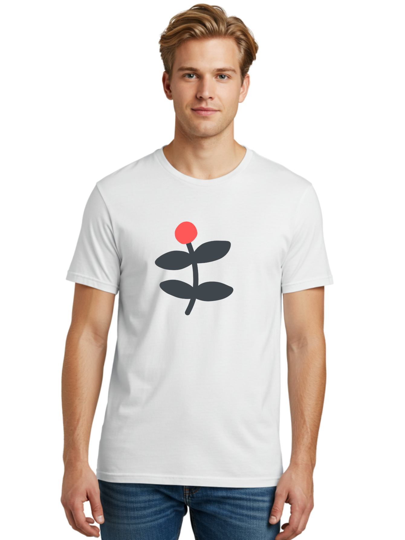Flower-6 Men'S Graphic Tee, 100% Cotton, Comfortable Casual Summer Wear, Machine Washable, Simple Flower Illustration, Red Bud, Dark Grey Leaves, Minimalist Design, Modern Floral Art, Graphic Illustration, Bold Colors Aab726