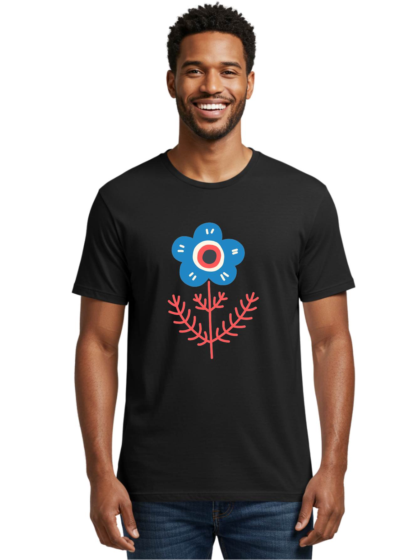 Flower-7 Men'S Graphic Tee, 100% Cotton, Comfortable Casual Summer Wear, Machine Washable, Stylized Flower, Blue Petals, Red And White Center, Pink Leaves, Simple Design, Modern Art, Minimalist Aesthetic, Floral Motif, Abstract Representation Aab727