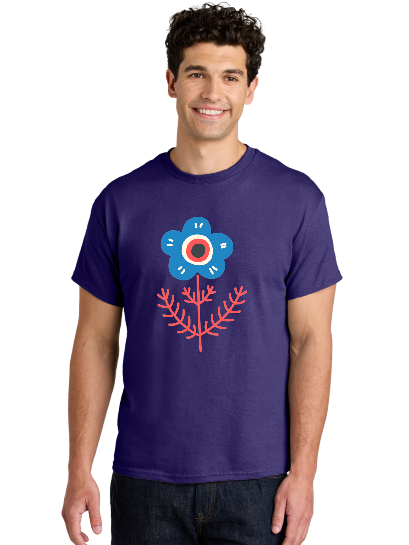 Flower-7 Men'S Graphic Tee, 100% Cotton, Comfortable Casual Summer Wear, Machine Washable, Stylized Flower, Blue Petals, Red And White Center, Pink Leaves, Simple Design, Modern Art, Minimalist Aesthetic, Floral Motif, Abstract Representation Aab727