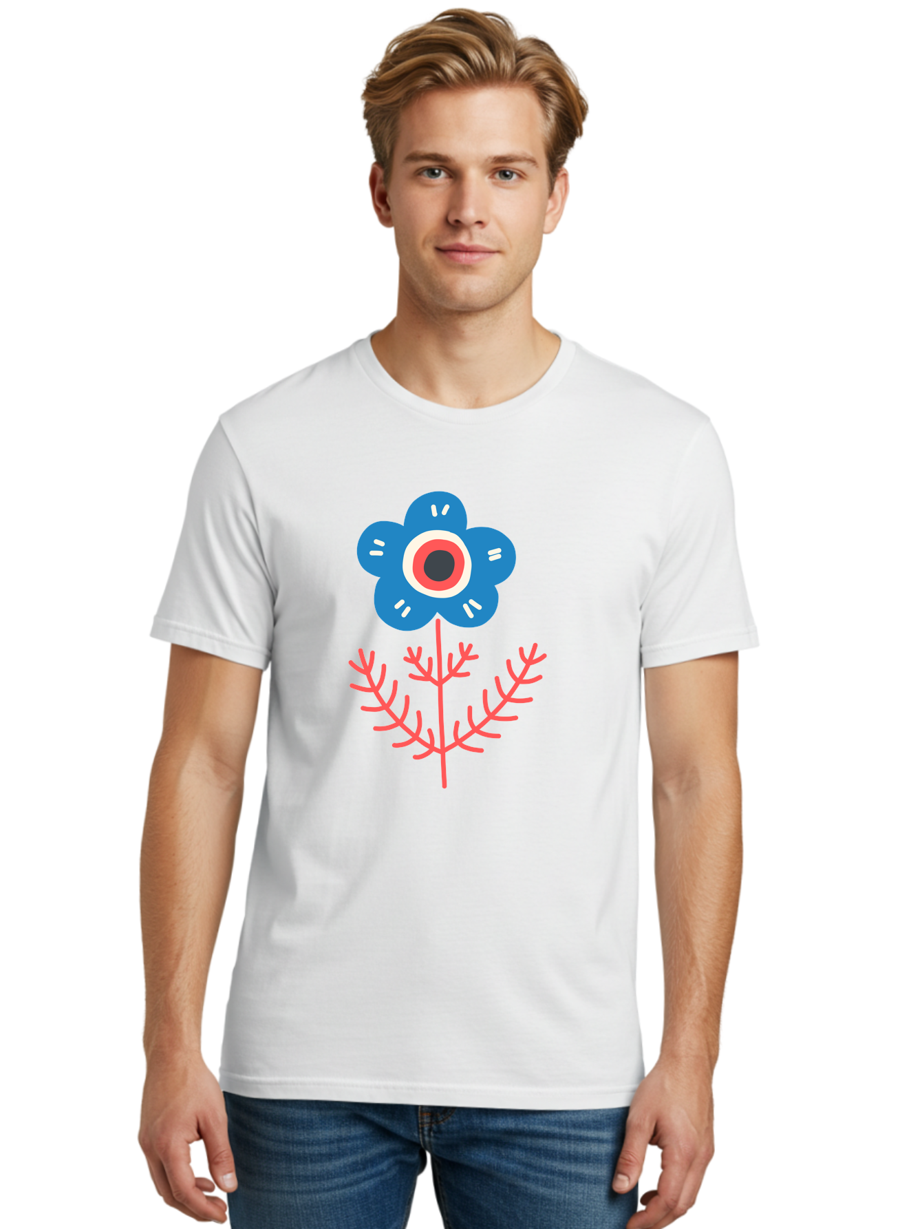 Flower-7 Men'S Graphic Tee, 100% Cotton, Comfortable Casual Summer Wear, Machine Washable, Stylized Flower, Blue Petals, Red And White Center, Pink Leaves, Simple Design, Modern Art, Minimalist Aesthetic, Floral Motif, Abstract Representation Aab727