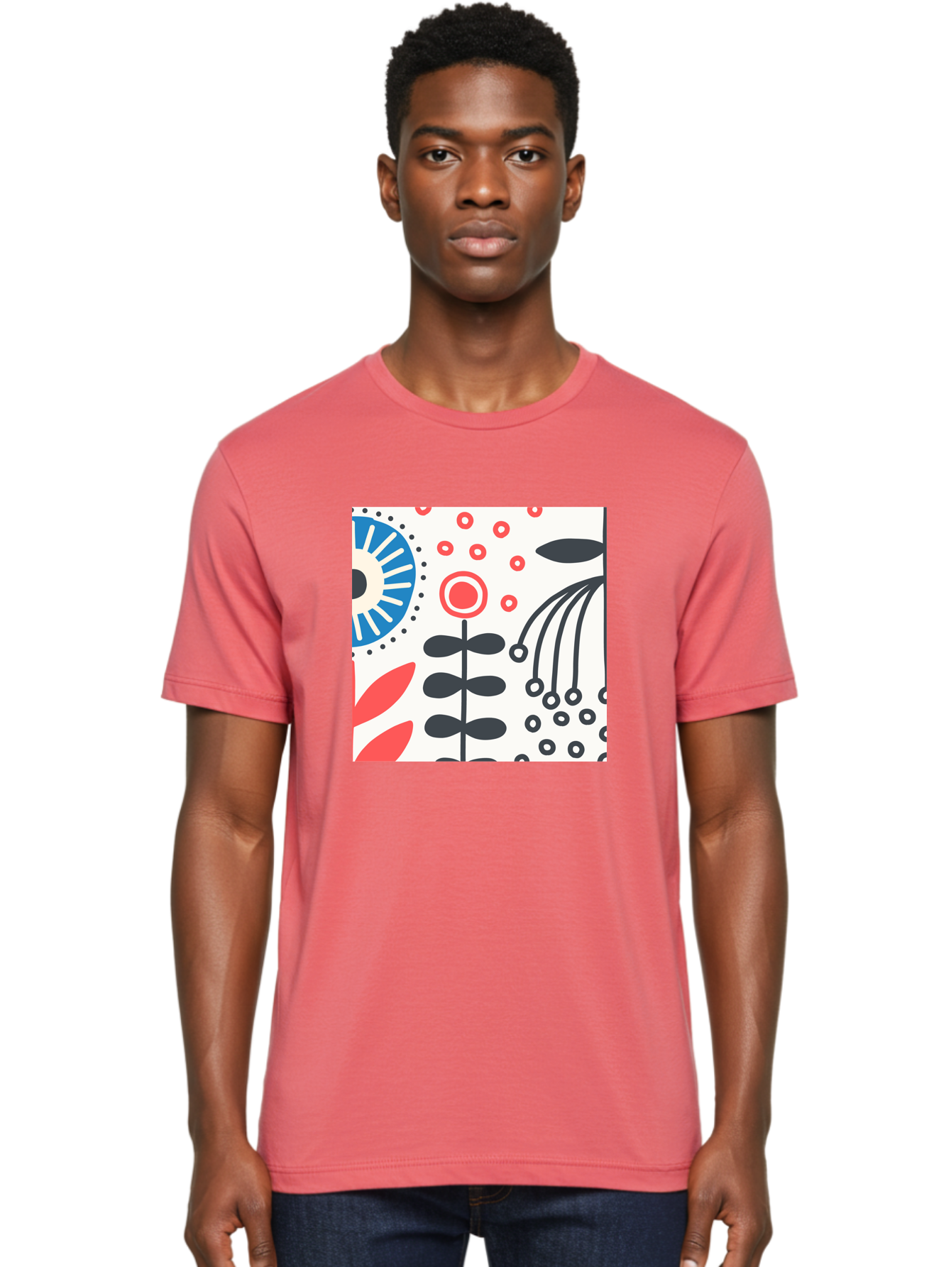 Flower-Design Men'S Graphic Tee, 100% Cotton, Comfortable Casual Summer Wear, Machine Washable, Abstract Floral Pattern, Minimalist Design, Bold Graphics, Modern Art, Floral Motifs, Red And Black Accents, Stylized Flowers, Geometric Shapes, Aab728