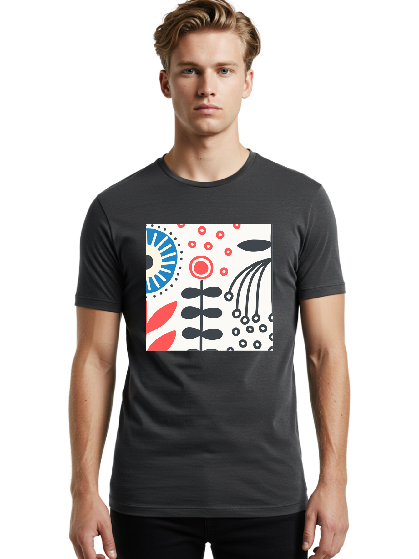 Flower-Design Men'S Graphic Tee, 100% Cotton, Comfortable Casual Summer Wear, Machine Washable, Abstract Floral Pattern, Minimalist Design, Bold Graphics, Modern Art, Floral Motifs, Red And Black Accents, Stylized Flowers, Geometric Shapes, Aab728