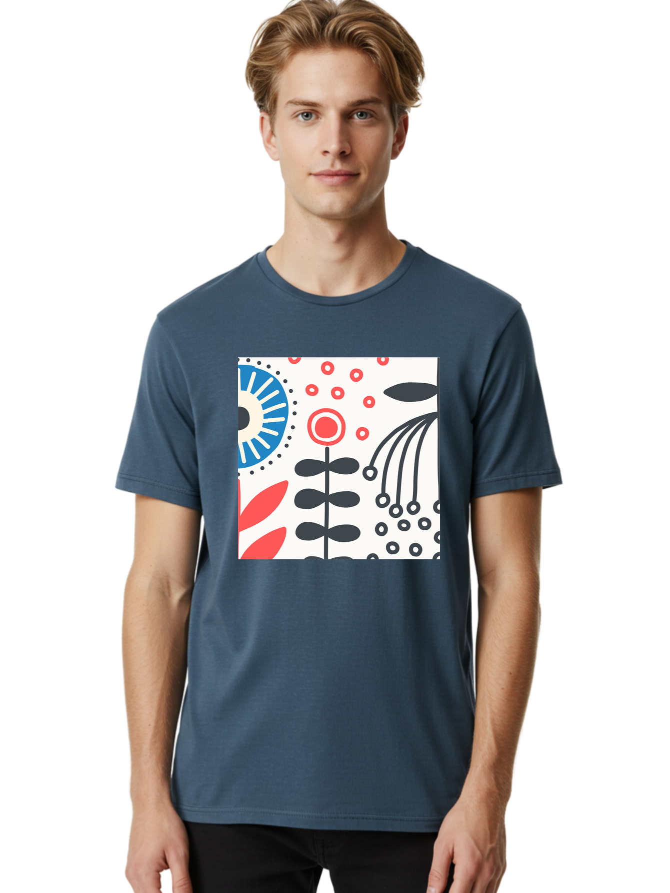 Flower-Design Men'S Graphic Tee, 100% Cotton, Comfortable Casual Summer Wear, Machine Washable, Abstract Floral Pattern, Minimalist Design, Bold Graphics, Modern Art, Floral Motifs, Red And Black Accents, Stylized Flowers, Geometric Shapes, Aab728