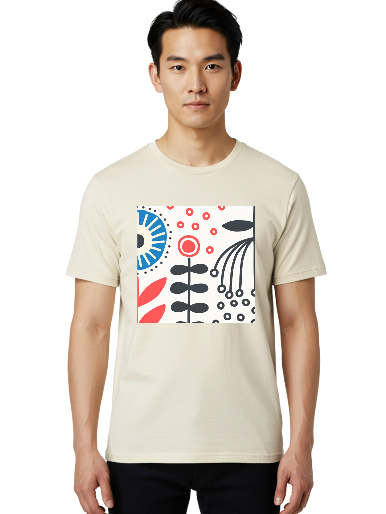 Flower-Design Men'S Graphic Tee, 100% Cotton, Comfortable Casual Summer Wear, Machine Washable, Abstract Floral Pattern, Minimalist Design, Bold Graphics, Modern Art, Floral Motifs, Red And Black Accents, Stylized Flowers, Geometric Shapes, Aab728