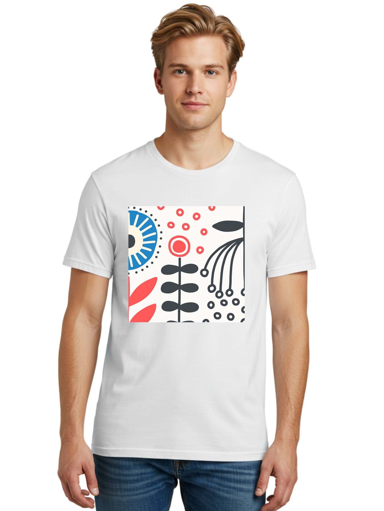 Flower-Design Men'S Graphic Tee, 100% Cotton, Comfortable Casual Summer Wear, Machine Washable, Abstract Floral Pattern, Minimalist Design, Bold Graphics, Modern Art, Floral Motifs, Red And Black Accents, Stylized Flowers, Geometric Shapes, Aab728