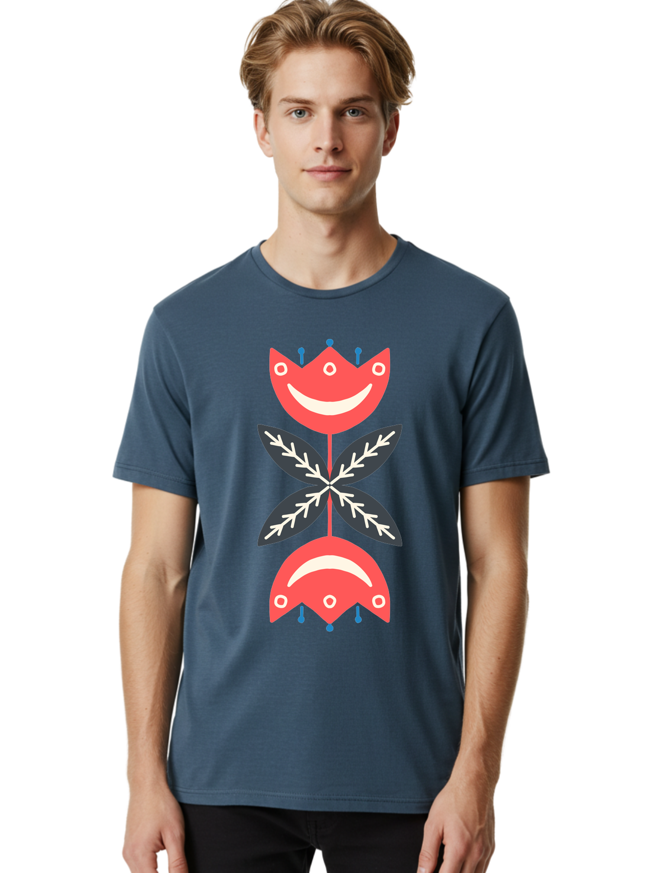 Flower-Face Men'S Graphic Tee, 100% Cotton, Comfortable Casual Summer Wear, Machine Washable, Red Smiley Faces, Playful Flowers, Cartoon Characters, Happy Emotions, Floral Designs, Whimsical Art, Cute Illustrations Aab729