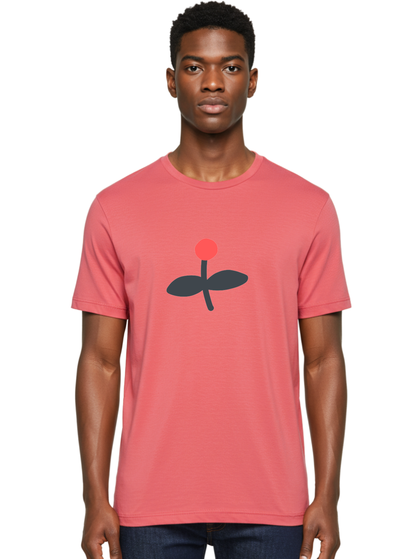 Flower-Graphic Men'S Graphic Tee, 100% Cotton, Comfortable Casual Summer Wear, Machine Washable, Simple Flower, Red Blossom, Black Leaves, Minimalist Design, Abstract Art, Floral Illustration, Modern Graphic Aab730