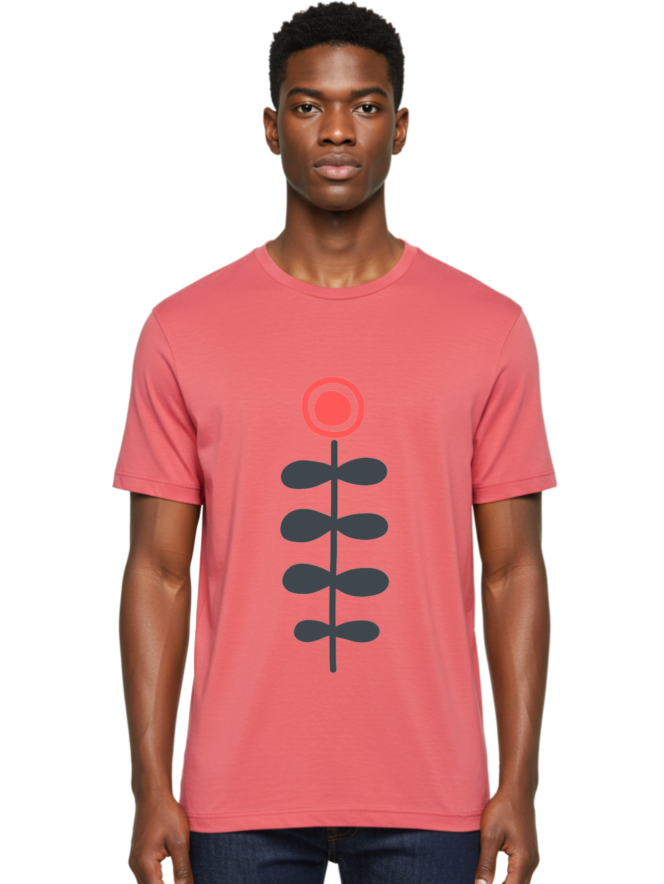 Flower-Icon-1 Men'S Graphic Tee, 100% Cotton, Comfortable Casual Summer Wear, Machine Washable, Simple Flower Graphic, Floral Design, Minimalist Art, Stem With Leaves, Red Flower Head, Graphic Illustration, Modern Botanical Aab731