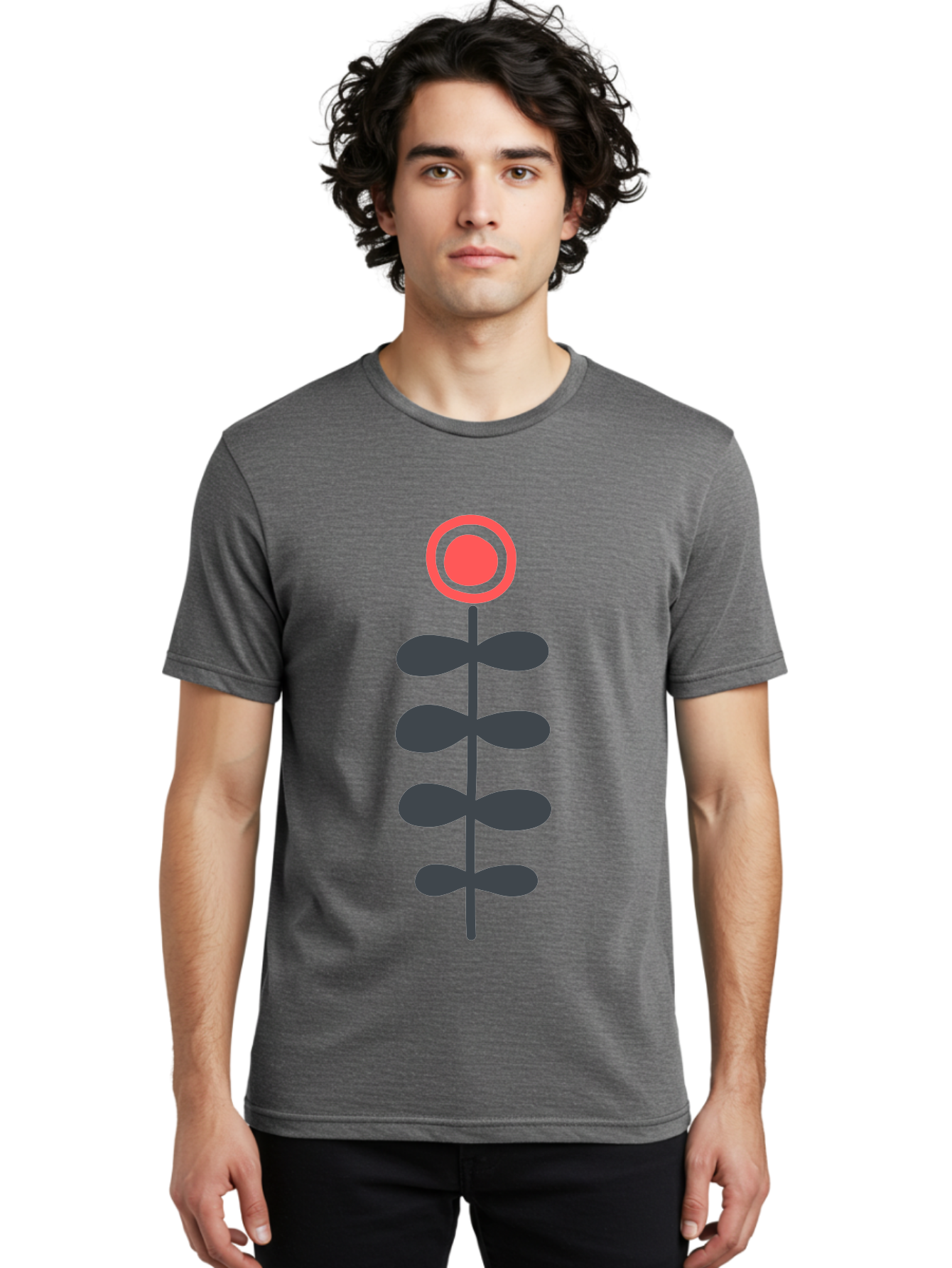 Flower-Icon-1 Men'S Graphic Tee, 100% Cotton, Comfortable Casual Summer Wear, Machine Washable, Simple Flower Graphic, Floral Design, Minimalist Art, Stem With Leaves, Red Flower Head, Graphic Illustration, Modern Botanical Aab731