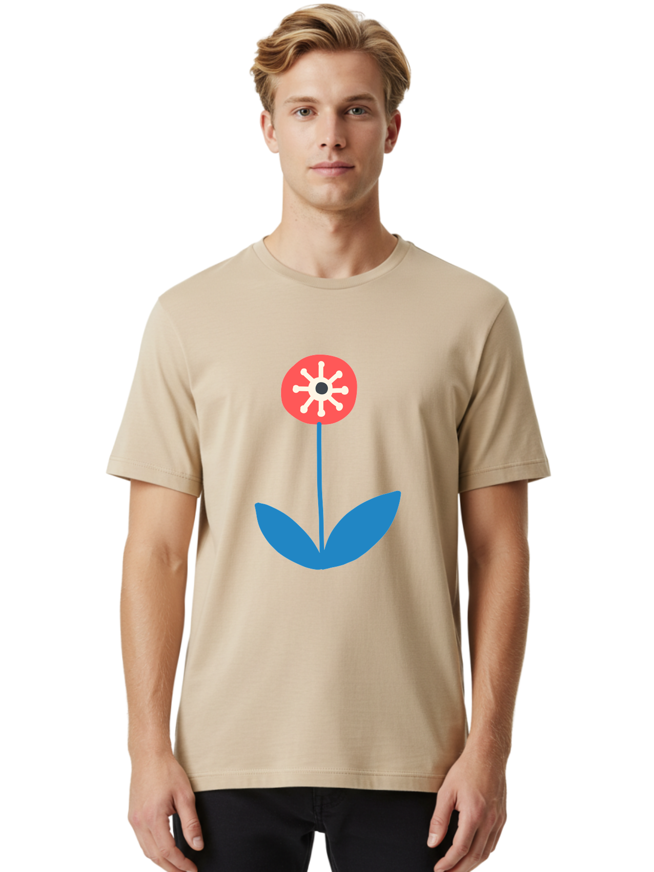Flower-Icon Men'S Graphic Tee, 100% Cotton, Comfortable Casual Summer Wear, Machine Washable, Simple Flower, Minimalist Design, Red And White Petals, Blue Leaves, Floral Illustration, Modern Art, Digital Graphics, Stylized Bloom Aab732