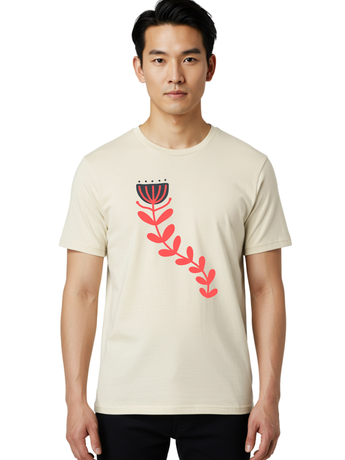 Flower-Illustration Men'S Graphic Tee, 100% Cotton, Comfortable Casual Summer Wear, Machine Washable, Stylized Tulip, Simple Design, Floral Pattern, Minimalist Art, Pink And Black, Leaves And Stem, Graphic Illustration, Modern Art Aab734
