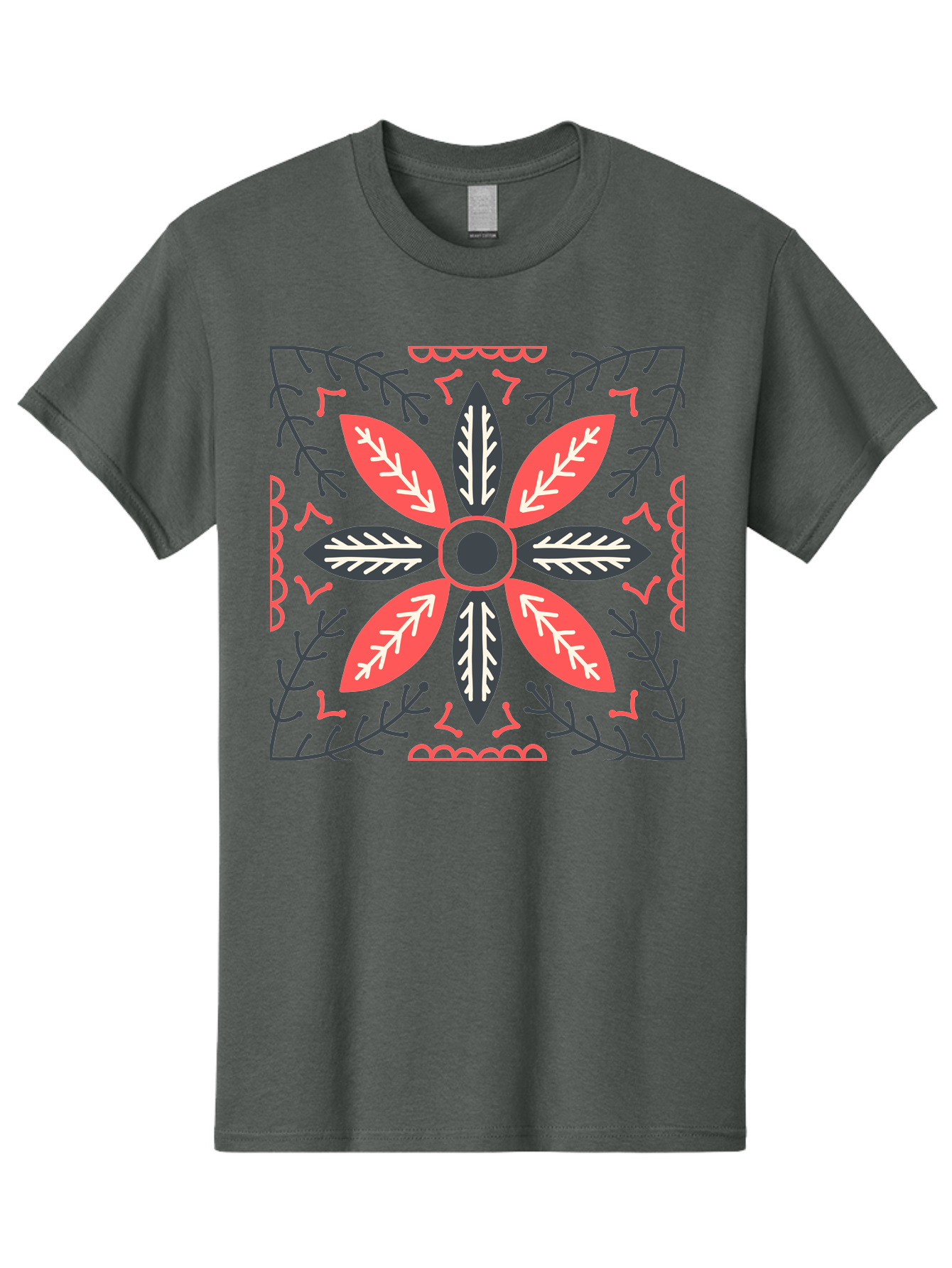 Flower-Mandala Men'S Graphic Tee, 100% Cotton, Comfortable Casual Summer Wear, Machine Washable, Symmetrical Floral Design, Colorful Pattern, Red And Black Petals, White Leaf Details, Floral Motif, Decorative Art, Vibrant Colors, Aab735