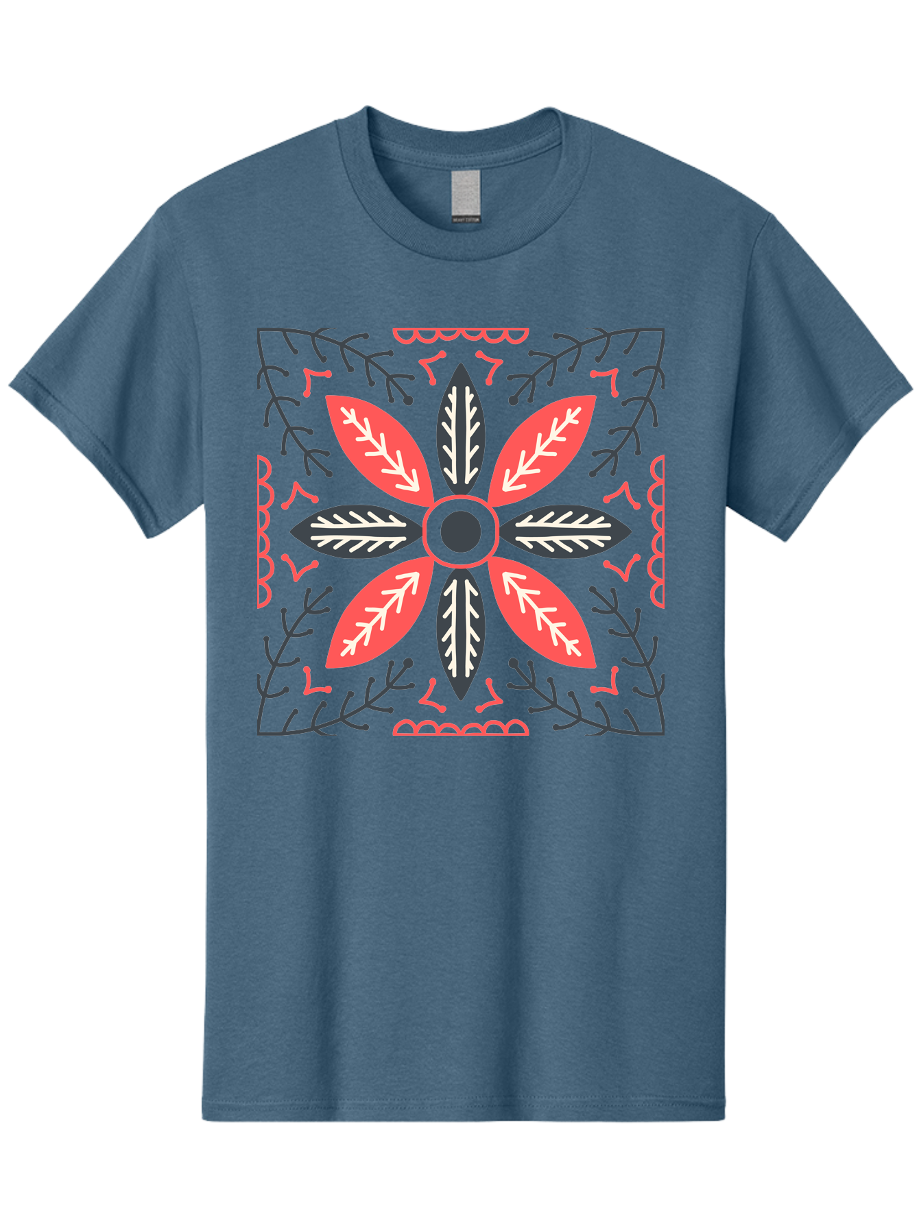 Flower-Mandala Men'S Graphic Tee, 100% Cotton, Comfortable Casual Summer Wear, Machine Washable, Symmetrical Floral Design, Colorful Pattern, Red And Black Petals, White Leaf Details, Floral Motif, Decorative Art, Vibrant Colors, Aab735