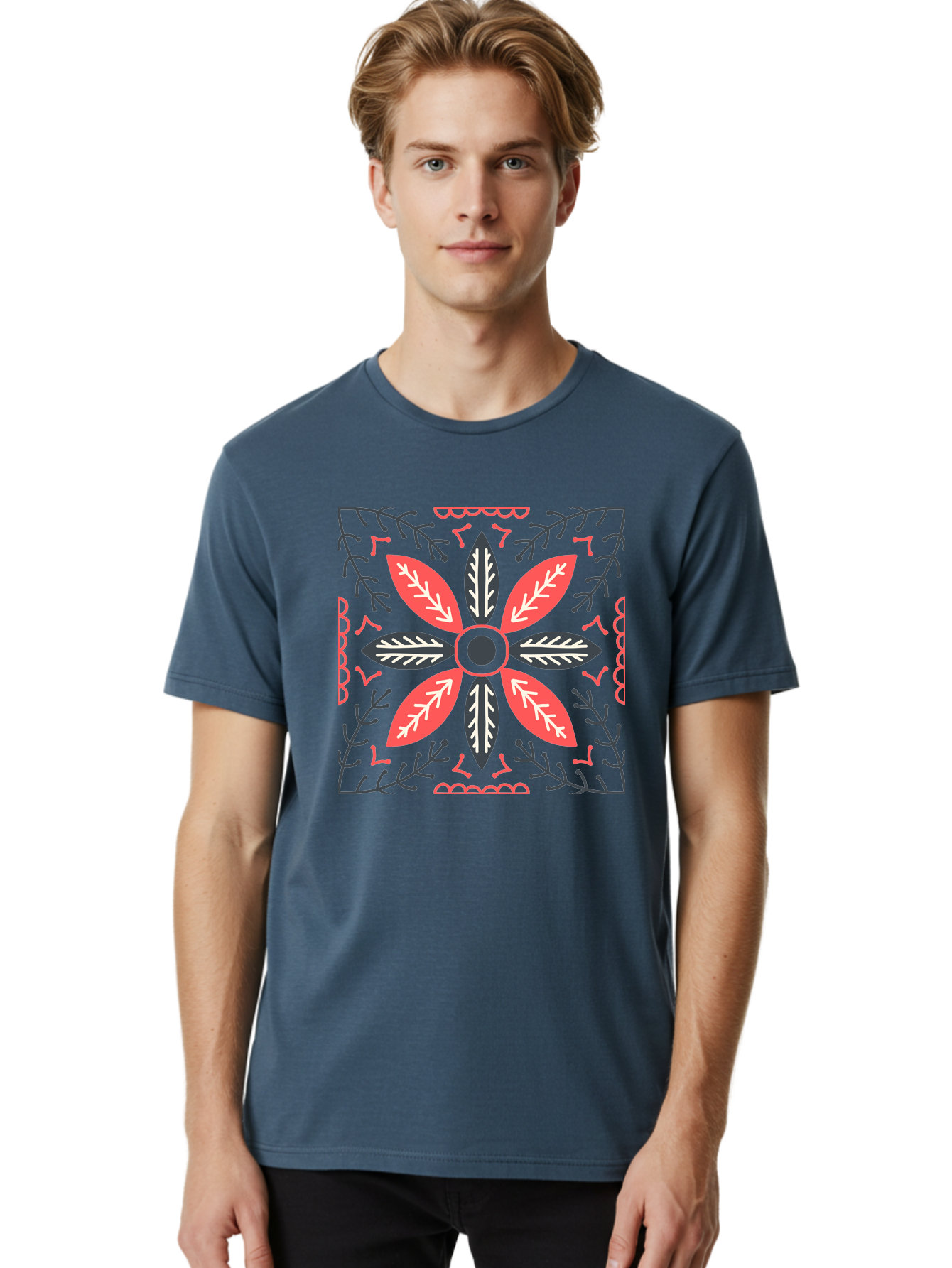 Flower-Mandala Men'S Graphic Tee, 100% Cotton, Comfortable Casual Summer Wear, Machine Washable, Symmetrical Floral Design, Colorful Pattern, Red And Black Petals, White Leaf Details, Floral Motif, Decorative Art, Vibrant Colors, Aab735