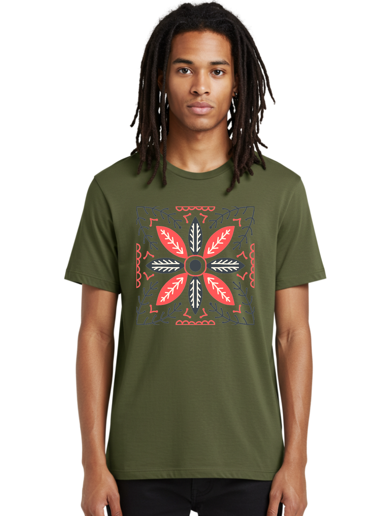 Flower-Mandala Men'S Graphic Tee, 100% Cotton, Comfortable Casual Summer Wear, Machine Washable, Symmetrical Floral Design, Colorful Pattern, Red And Black Petals, White Leaf Details, Floral Motif, Decorative Art, Vibrant Colors, Aab735