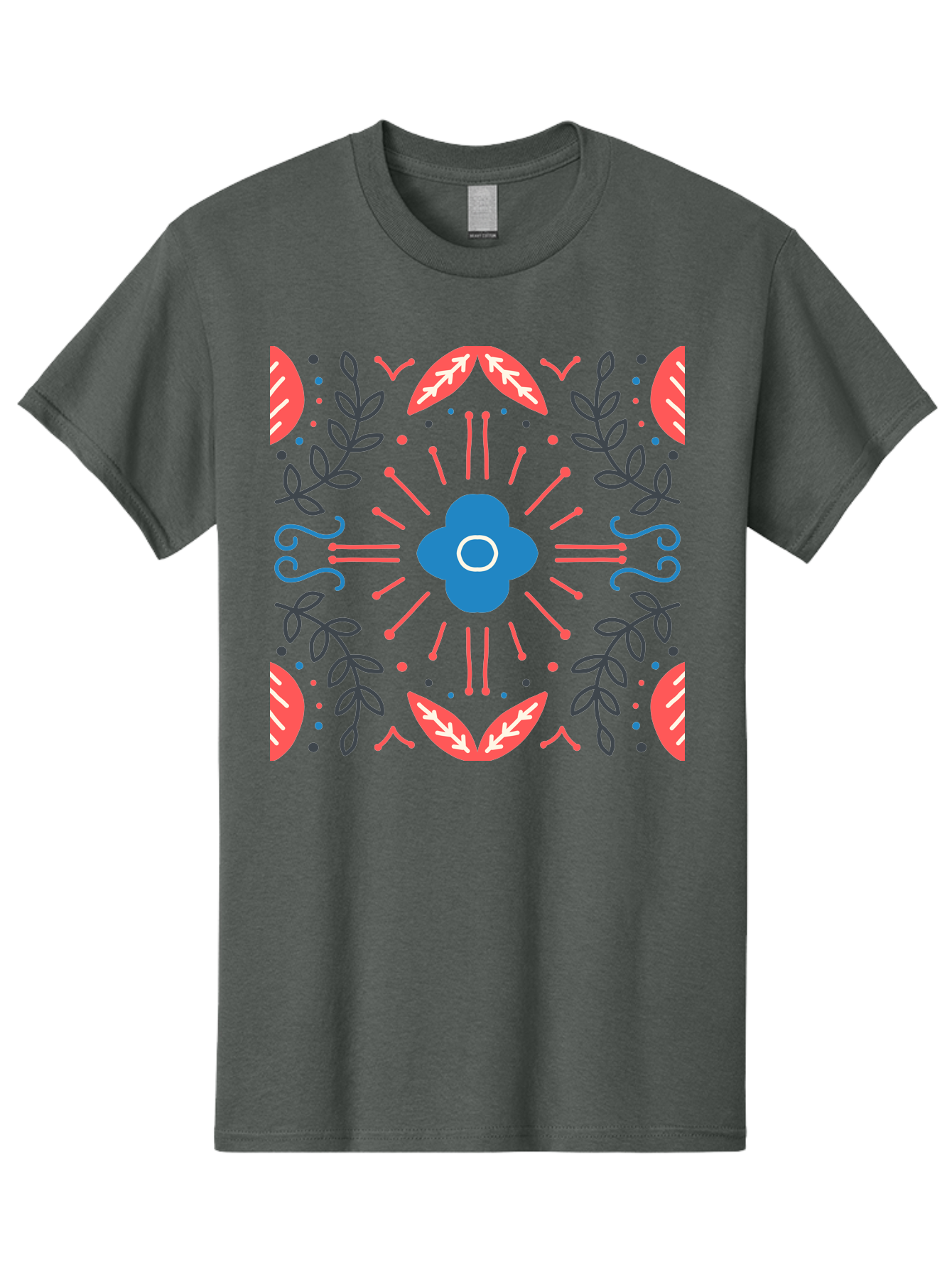 Flower-Pattern-1 Men'S Graphic Tee, 100% Cotton, Comfortable Casual Summer Wear, Machine Washable, Floral Pattern, Symmetrical Design, Vibrant Colors, Blue Flower, Red Leaves, Green Stems, Abstract Art, Geometric Shapes, Decorative Elements, Aab736