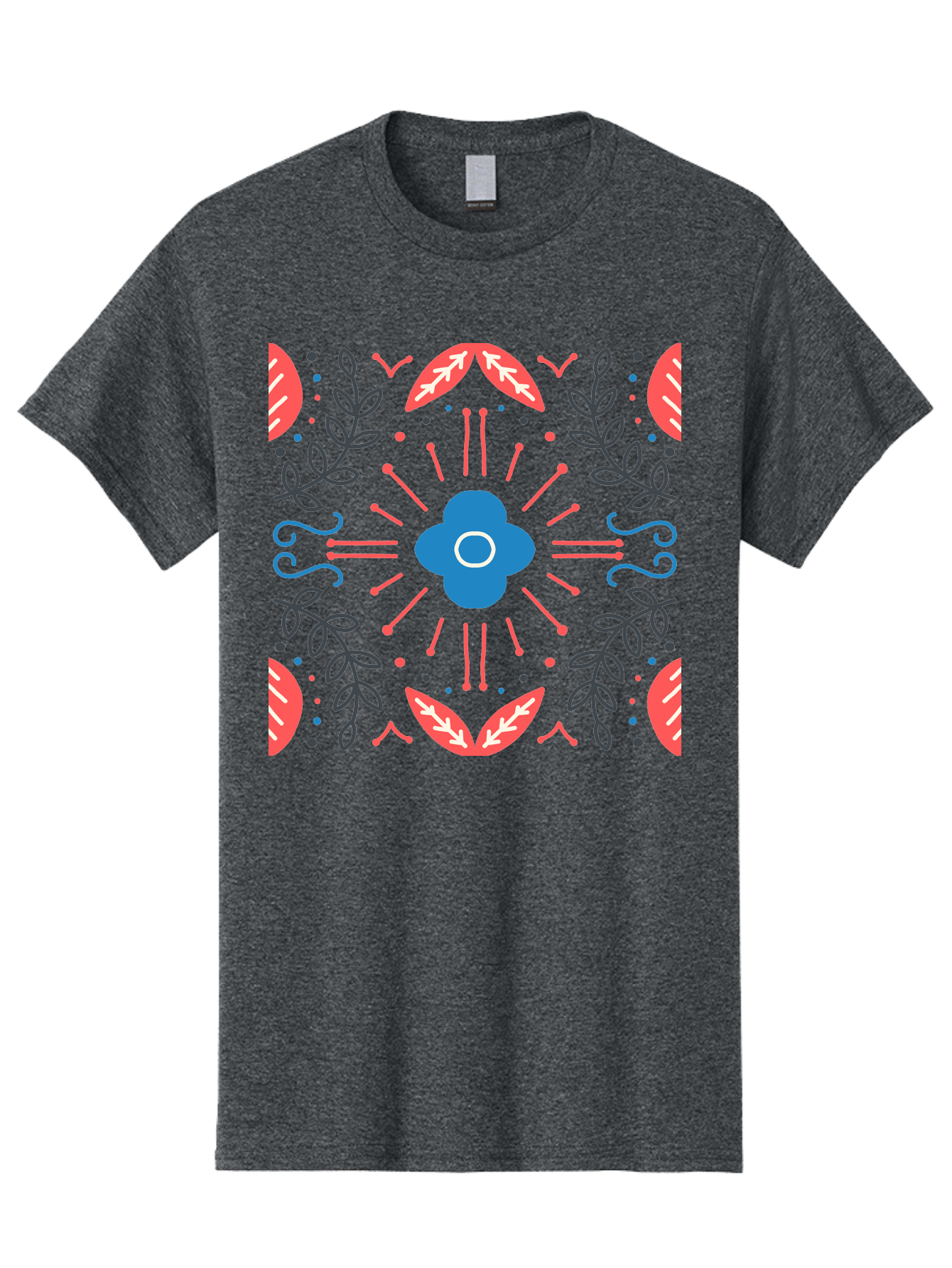 Flower-Pattern-1 Men'S Graphic Tee, 100% Cotton, Comfortable Casual Summer Wear, Machine Washable, Floral Pattern, Symmetrical Design, Vibrant Colors, Blue Flower, Red Leaves, Green Stems, Abstract Art, Geometric Shapes, Decorative Elements, Aab736