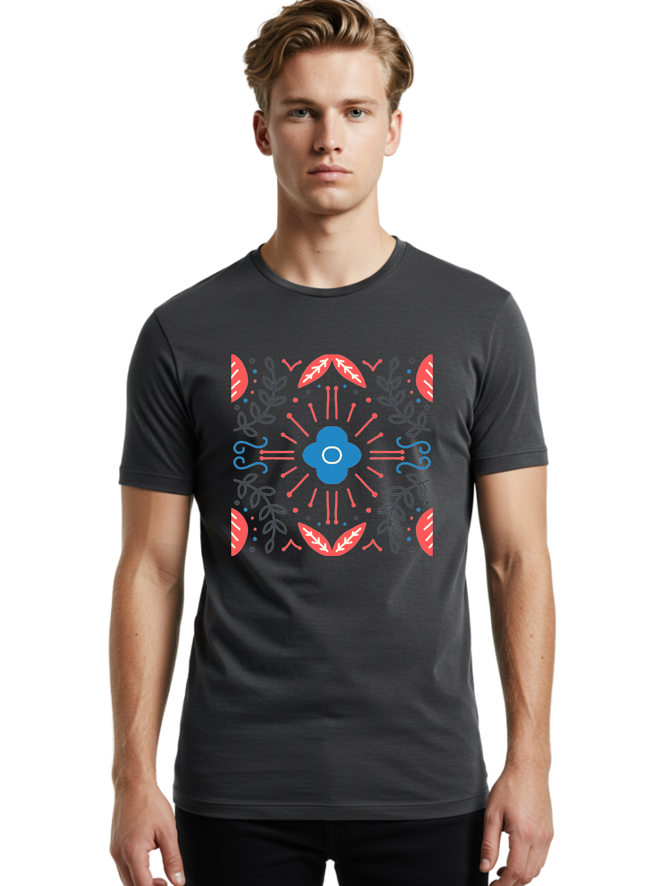 Flower-Pattern-1 Men'S Graphic Tee, 100% Cotton, Comfortable Casual Summer Wear, Machine Washable, Floral Pattern, Symmetrical Design, Vibrant Colors, Blue Flower, Red Leaves, Green Stems, Abstract Art, Geometric Shapes, Decorative Elements, Aab736