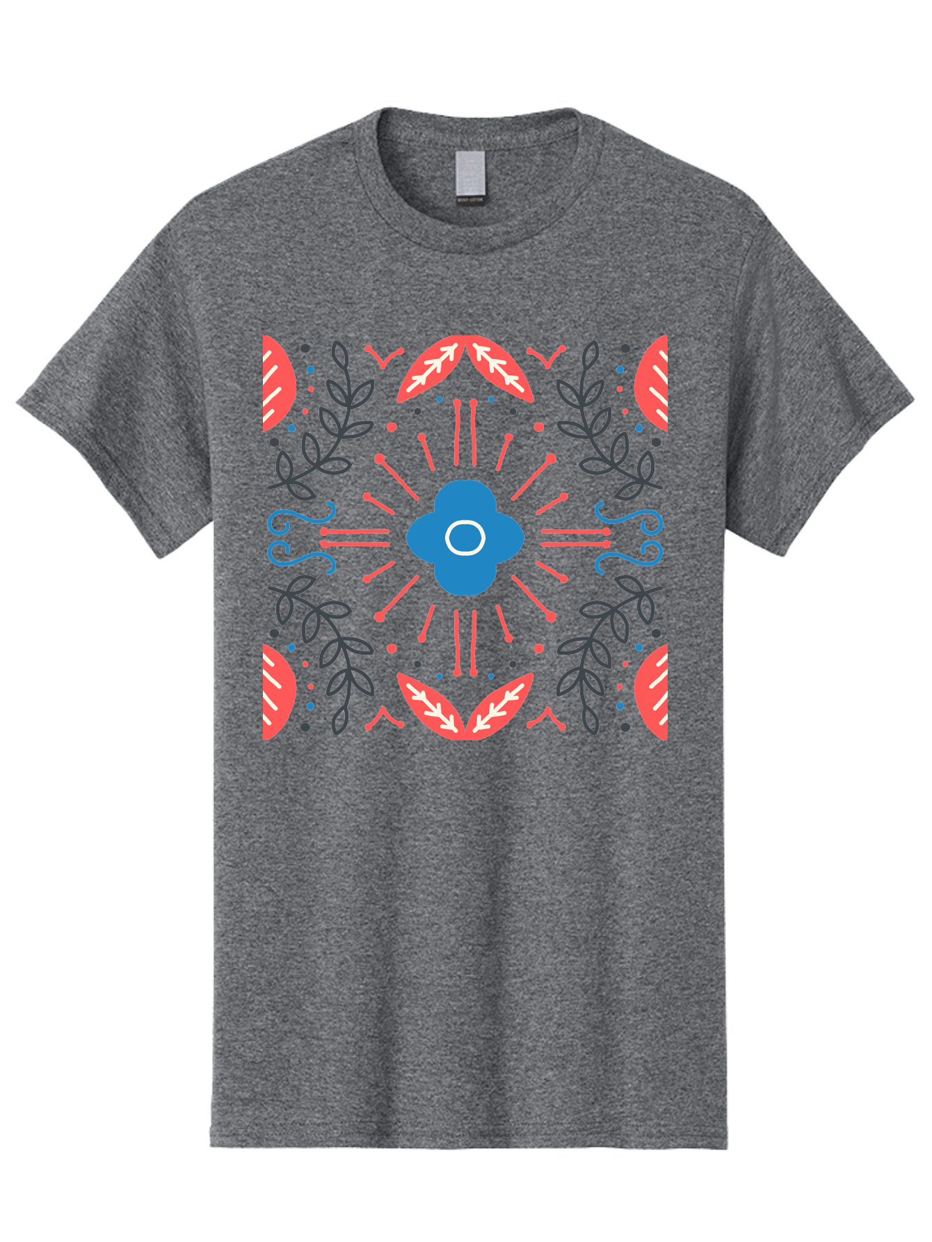 Flower-Pattern-1 Men'S Graphic Tee, 100% Cotton, Comfortable Casual Summer Wear, Machine Washable, Floral Pattern, Symmetrical Design, Vibrant Colors, Blue Flower, Red Leaves, Green Stems, Abstract Art, Geometric Shapes, Decorative Elements, Aab736