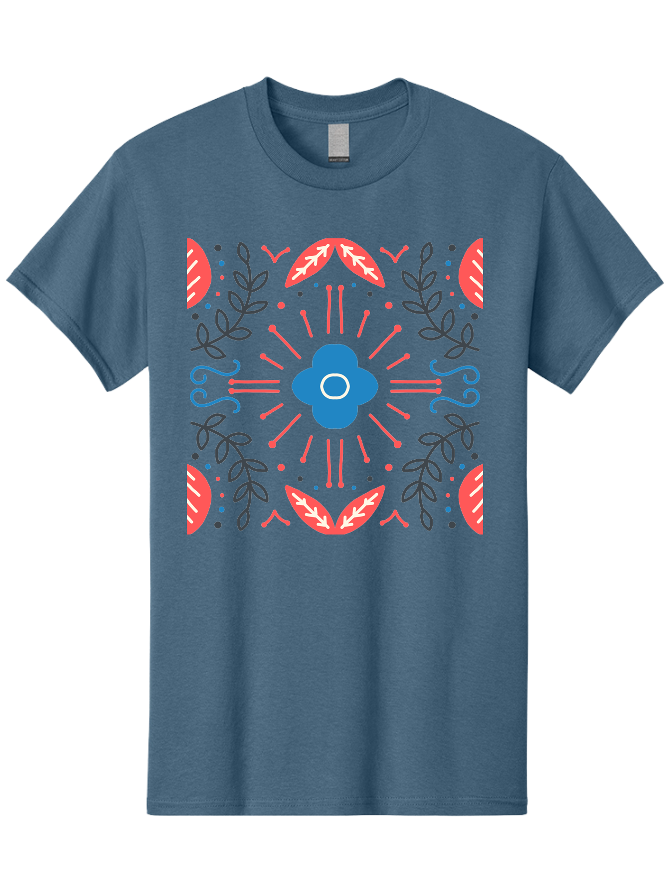 Flower-Pattern-1 Men'S Graphic Tee, 100% Cotton, Comfortable Casual Summer Wear, Machine Washable, Floral Pattern, Symmetrical Design, Vibrant Colors, Blue Flower, Red Leaves, Green Stems, Abstract Art, Geometric Shapes, Decorative Elements, Aab736