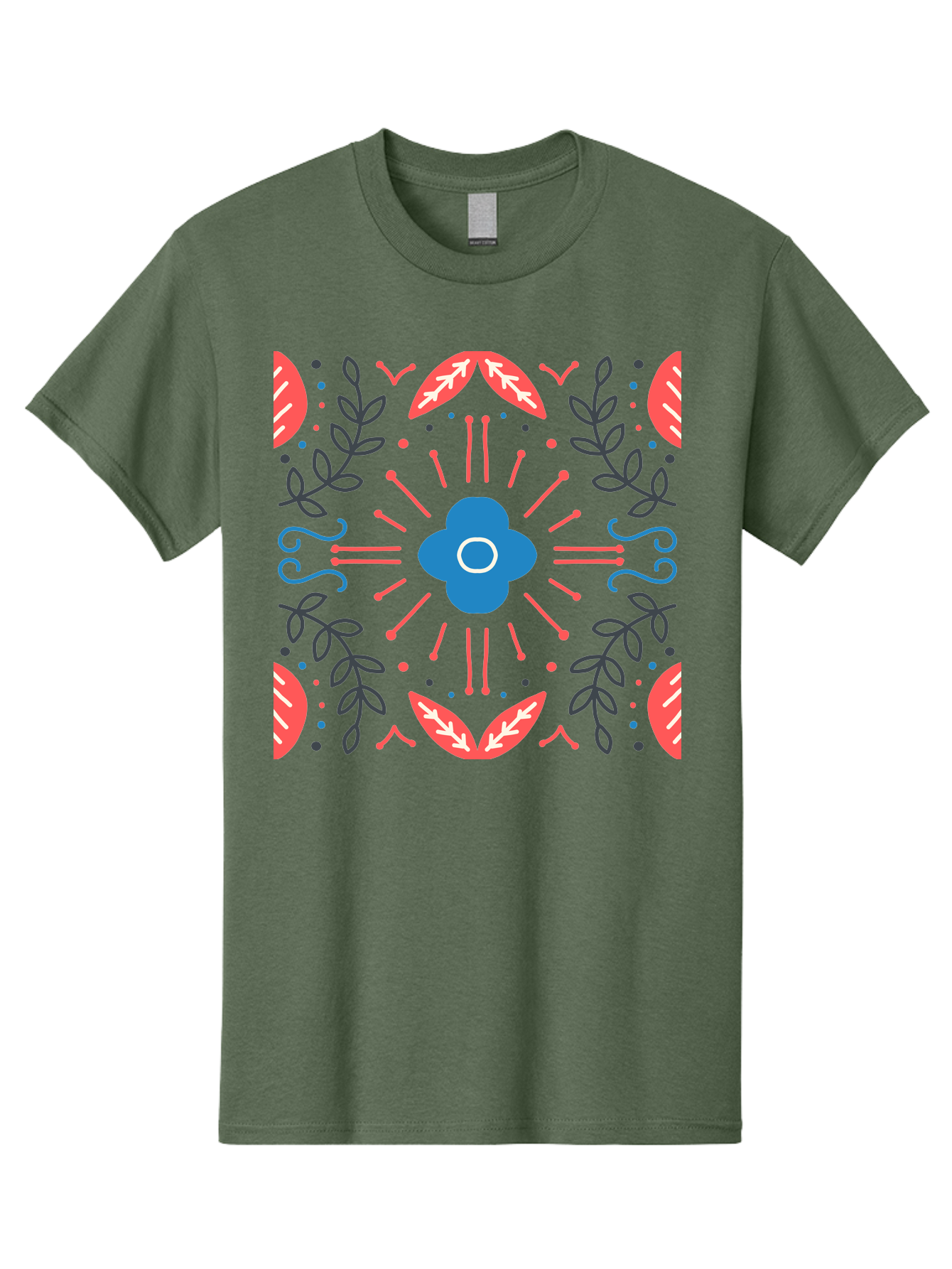 Flower-Pattern-1 Men'S Graphic Tee, 100% Cotton, Comfortable Casual Summer Wear, Machine Washable, Floral Pattern, Symmetrical Design, Vibrant Colors, Blue Flower, Red Leaves, Green Stems, Abstract Art, Geometric Shapes, Decorative Elements, Aab736