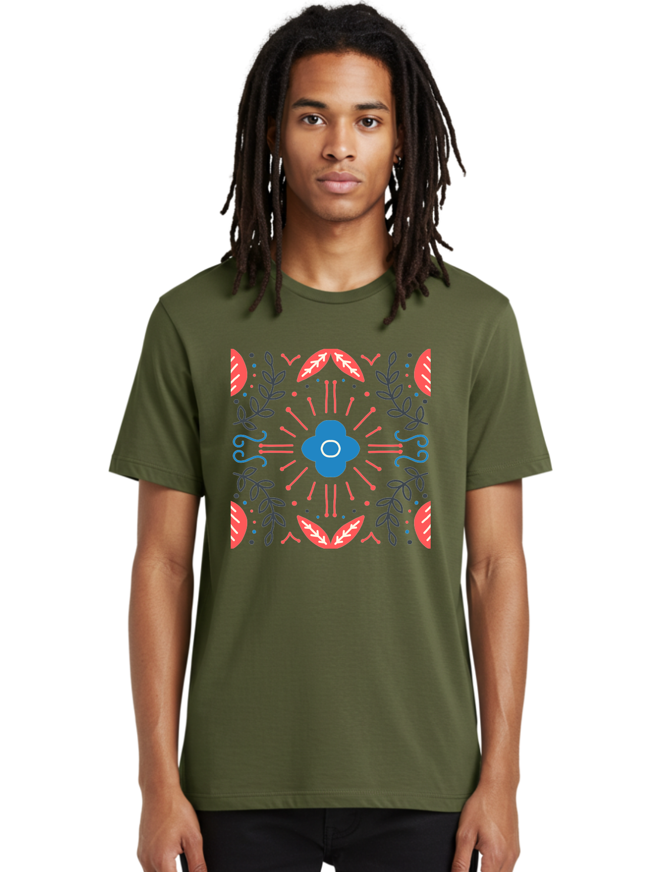 Flower-Pattern-1 Men'S Graphic Tee, 100% Cotton, Comfortable Casual Summer Wear, Machine Washable, Floral Pattern, Symmetrical Design, Vibrant Colors, Blue Flower, Red Leaves, Green Stems, Abstract Art, Geometric Shapes, Decorative Elements, Aab736