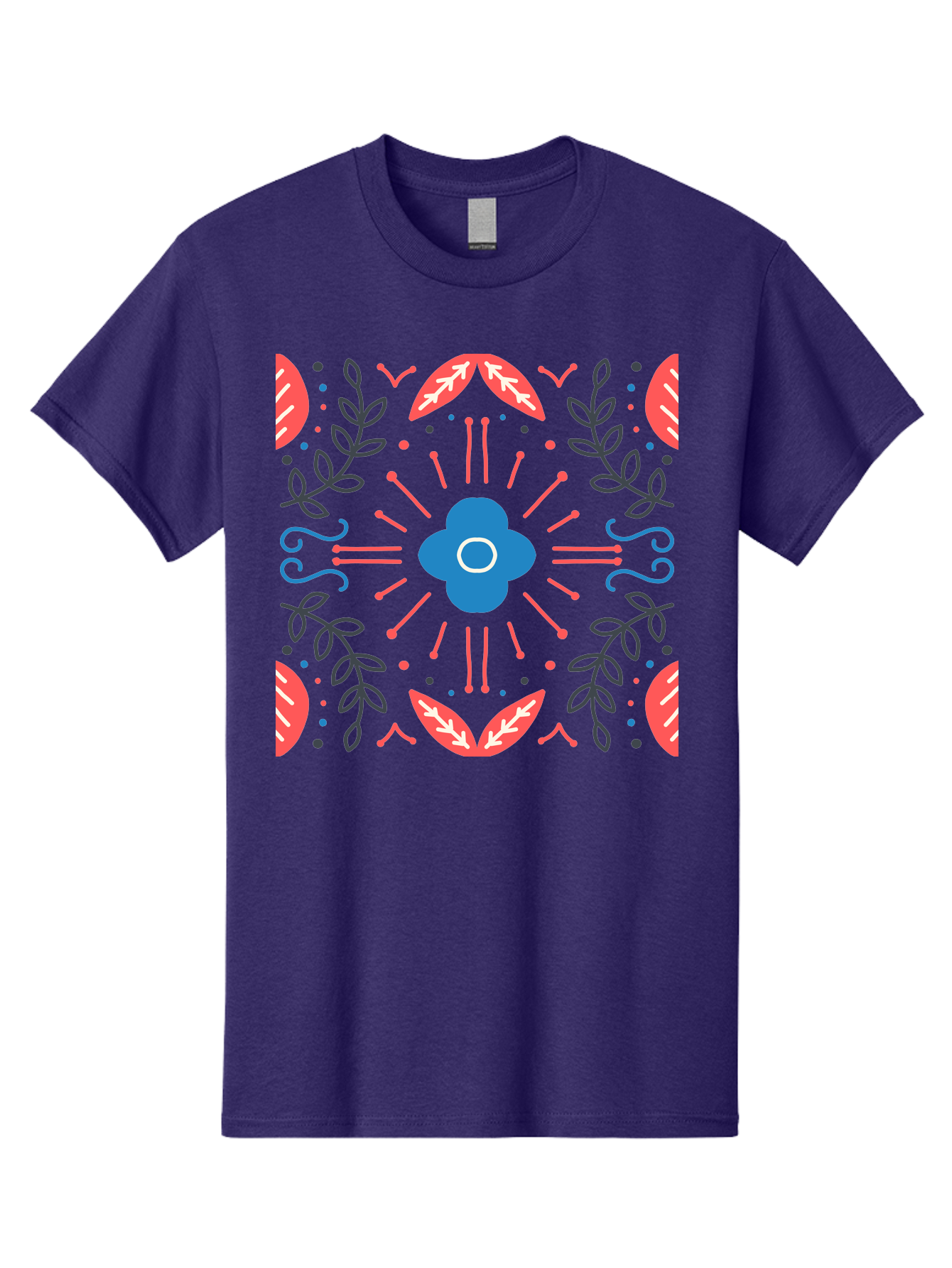 Flower-Pattern-1 Men'S Graphic Tee, 100% Cotton, Comfortable Casual Summer Wear, Machine Washable, Floral Pattern, Symmetrical Design, Vibrant Colors, Blue Flower, Red Leaves, Green Stems, Abstract Art, Geometric Shapes, Decorative Elements, Aab736