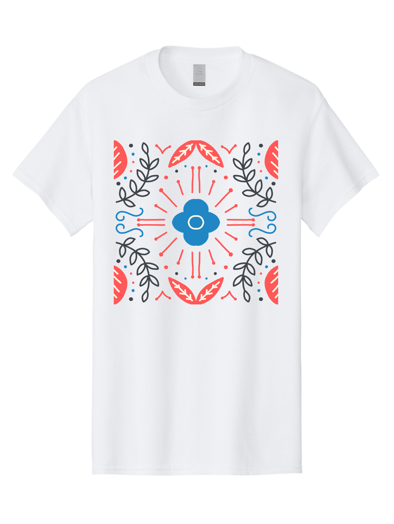 Flower-Pattern-1 Men'S Graphic Tee, 100% Cotton, Comfortable Casual Summer Wear, Machine Washable, Floral Pattern, Symmetrical Design, Vibrant Colors, Blue Flower, Red Leaves, Green Stems, Abstract Art, Geometric Shapes, Decorative Elements, Aab736