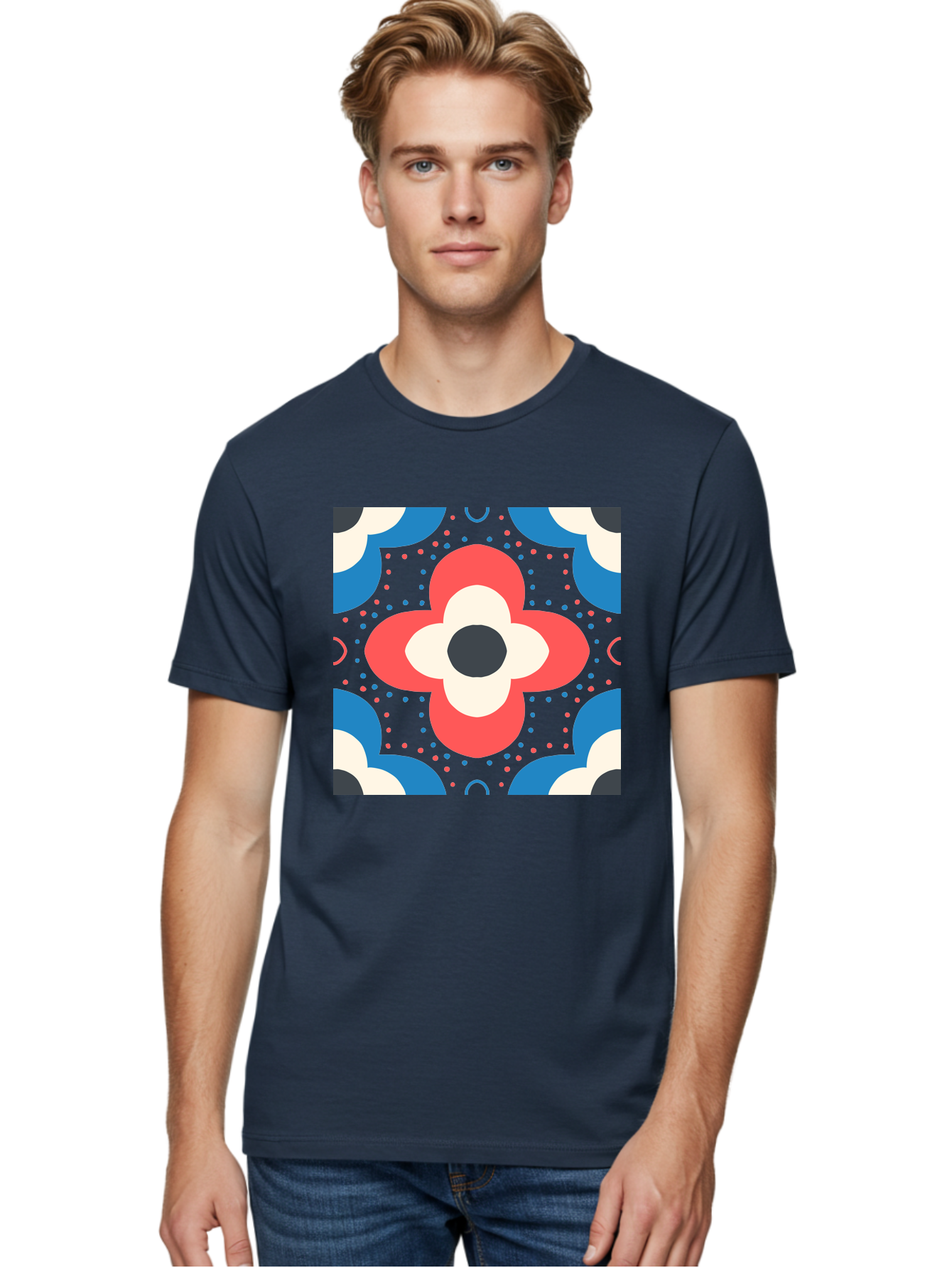 Flower-Pattern-3 Men'S Graphic Tee, 100% Cotton, Comfortable Casual Summer Wear, Machine Washable, Stylized Flower, Floral Pattern, Abstract Design, Geometric Shapes, Bold Colors, Vibrant Hues, Modern Art, Decorative Motif, Aab738