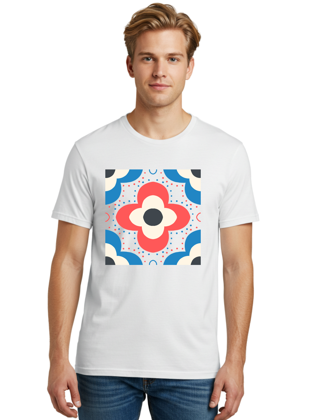 Flower-Pattern-3 Men'S Graphic Tee, 100% Cotton, Comfortable Casual Summer Wear, Machine Washable, Stylized Flower, Floral Pattern, Abstract Design, Geometric Shapes, Bold Colors, Vibrant Hues, Modern Art, Decorative Motif, Aab738
